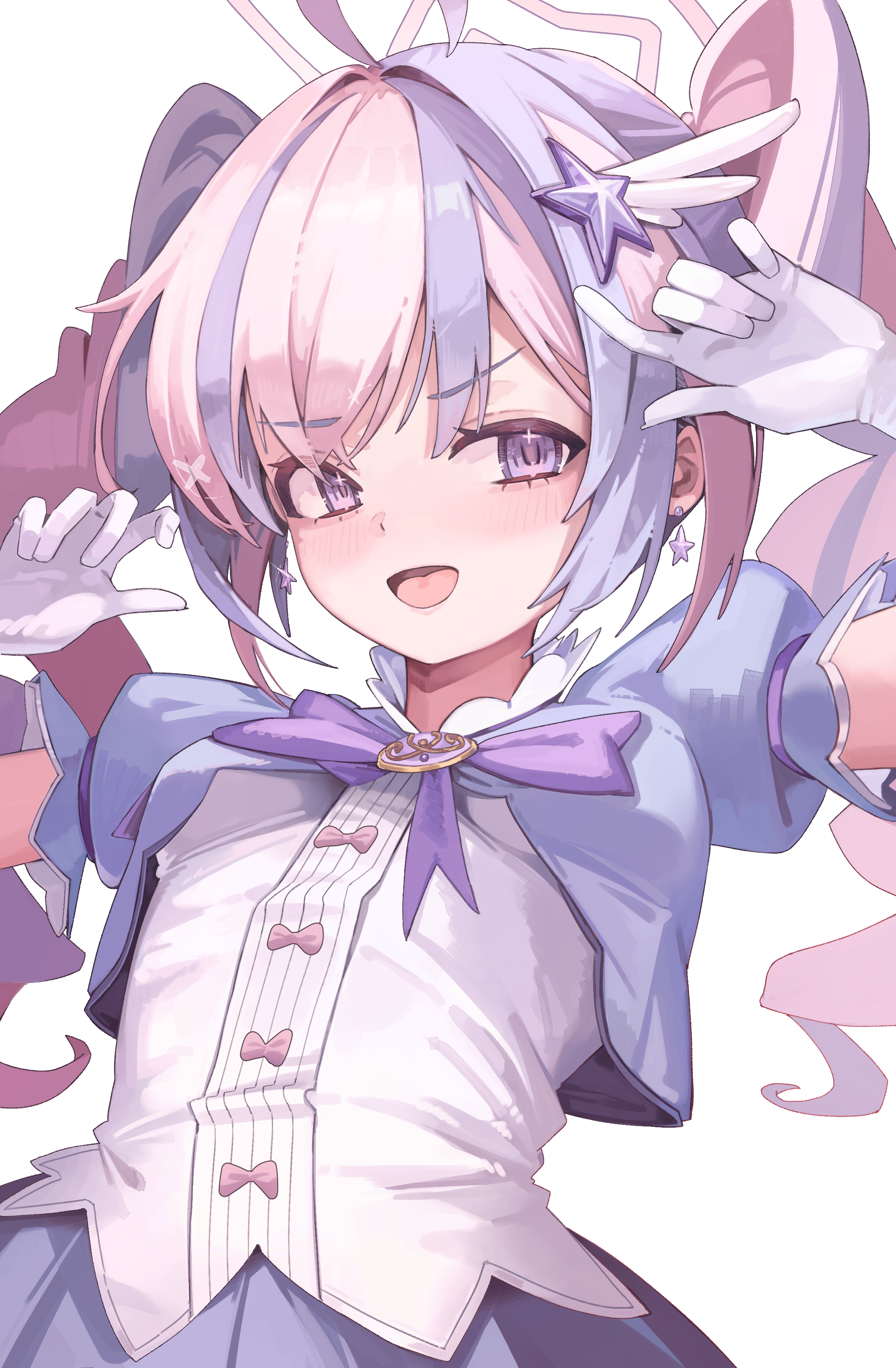 jun daniell, reisa (blue archive), reisa (magical) (blue archive), blue archive, absurdres, commentary, highres, 1girl, breasts, dated commentary, gloves, hair ornament, magical girl, multicolored hair, official alternate costume, pink hair, purple eyes, simple background, small breasts, solo, star (symbol), star hair ornament, twintails, white background, white gloves