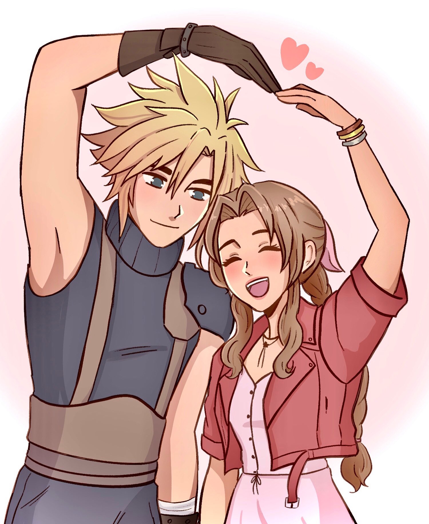 aerith gainsborough, cloud strife, final fantasy, final fantasy vii, final fantasy vii remake, highres, 1boy, 1girl, armor, bangle, belt, black pants, black shirt, blonde hair, blue eyes, bracelet, braid, braided ponytail, brown belt, brown gloves, brown hair, choker, closed eyes, closed mouth, couple, cropped jacket, dress, flower choker, gloves, hair between eyes, hair ribbon, heart arms, heart arms duo, hetero, jacket, jewelry, light blush, long hair, looking at another, open mouth, pants, parted bangs, pauldrons, pink background, pink dress, pink ribbon, punziebunnie, red jacket, ribbon, shirt, short hair, short sleeves, shoulder armor, sidelocks, single bare shoulder, single braid, single pauldron, sleeveless, sleeveless turtleneck, smile, spiked hair, suspenders, turtleneck, upper body