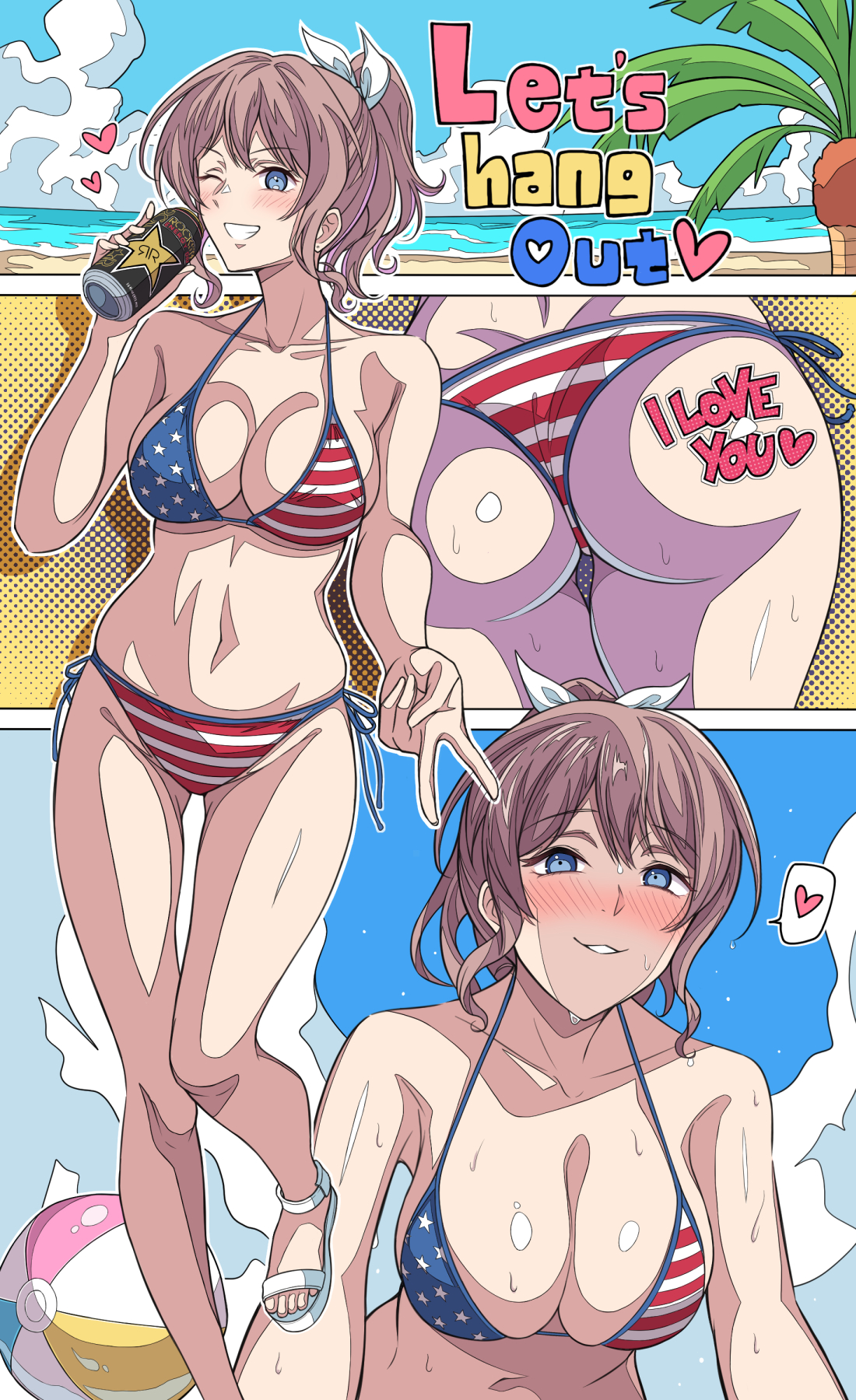 aranami shibuki, yamabuki saya, bang dream!, commentary request, highres, 1girl, all fours, american flag, american flag bikini, american flag print, ass, ball, beachball, bikini, blue eyes, blue sky, breasts, brown hair, can, cleavage, cloud, day, drink can, energy drink, flag print, flag print bikini, full body, gyaru v, heart, large breasts, multiple views, outdoors, palm tree, ponytail, print bikini, side-tie bikini bottom, sky, spoken heart, swimsuit, tree, v