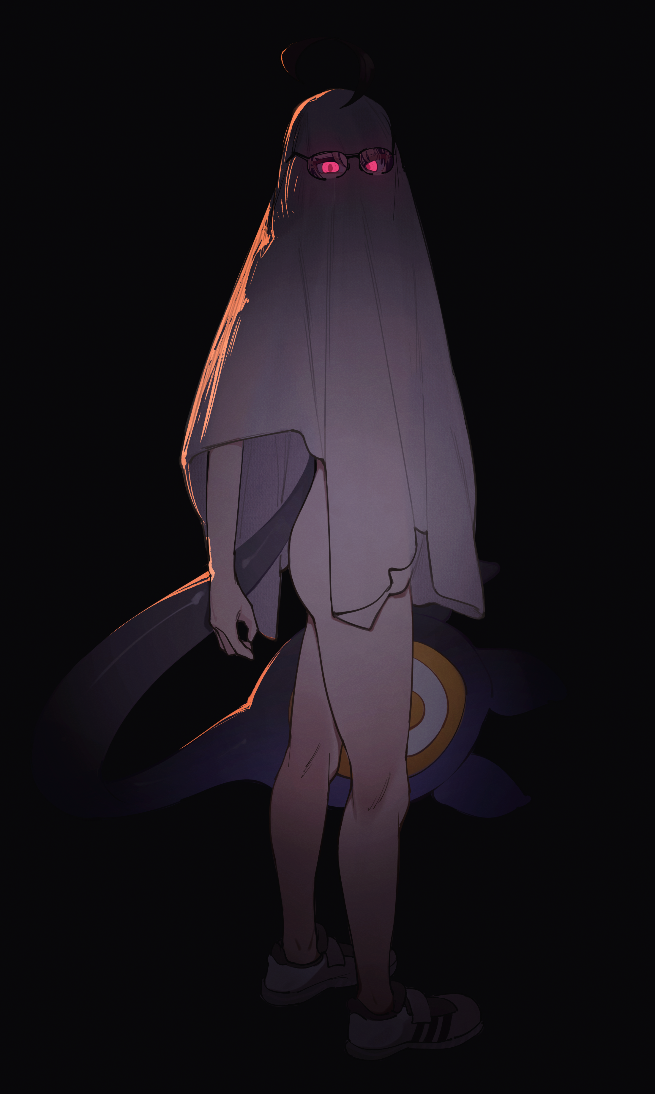 mr thecatman, gigi murin, hololive, hololive english, absurdres, commentary, english commentary, highres, 1girl, ahoge, ass, bed sheet, black background, full body, ghost costume, glasses, glowing, glowing eyes, looking at viewer, naked costume, naked sheet, pink eyes, sheet ghost, shoes, simple background, solo, standing, tail, virtual youtuber, white shoes