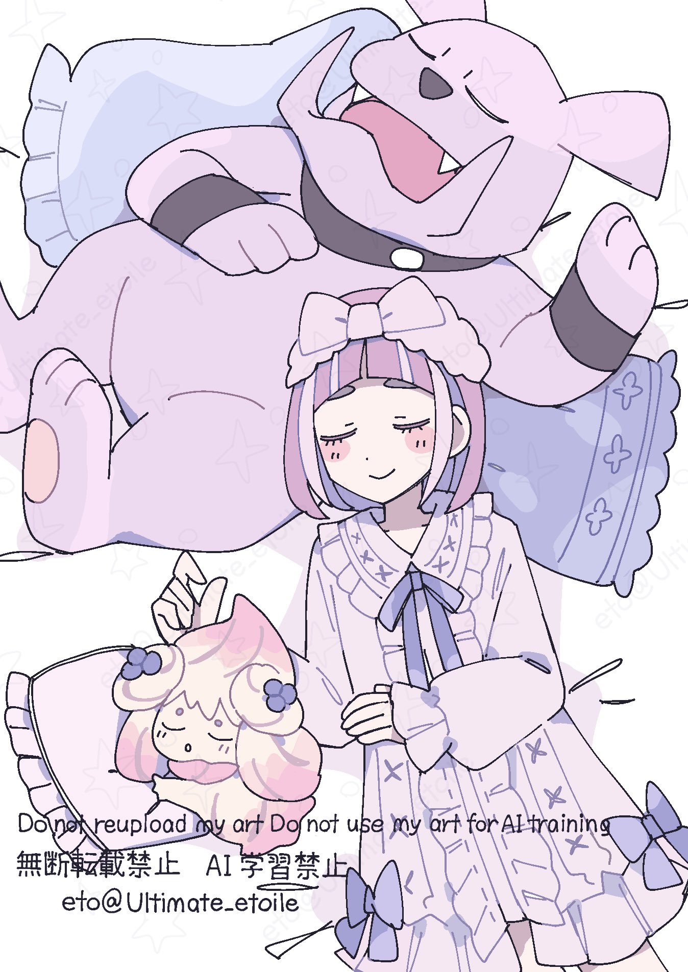 remoooon, alcremie, alcremie (berry sweet), alcremie (ruby swirl), granbull, lacey (pokemon), nintendo, pokemon, pokemon sv, highres, 2girls, :>, :o, arched bangs, blueberry, blueberry hair ornament, blush stickers, bow, closed eyes, closed mouth, dewlap, dress, fang, fangs, food, food-themed creature, food-themed hair ornament, fruit, full body, gen 2 pokemon, gen 8 pokemon, hair ornament, hairband, long hair, long sleeves, looking at viewer, lying, multiple girls, open mouth, pillow, pink fur, pink hair, pokemon (creature), purple bow, purple dress, purple hairband, short hair, simple background, sleeping, upper body, white background