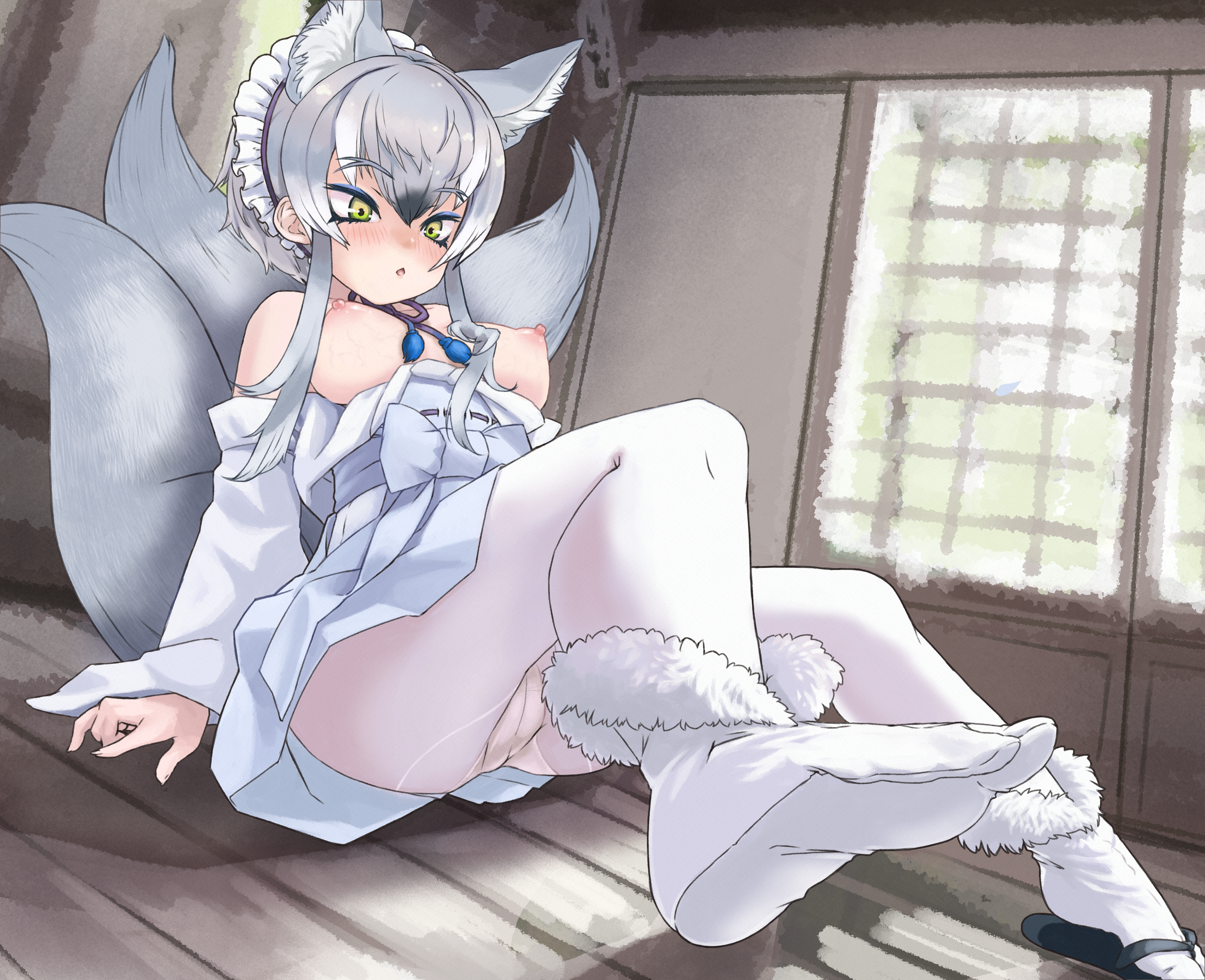 toriny, makami (kemono friends), kemono friends, kemono friends 3, absurdres, commission, highres, pixiv commission, 1girl, animal ear fluff, animal ears, arm support, black hair, blush, breasts, chestnut mouth, crotch seam, detached sleeves, extra ears, forked eyebrows, frilled hairband, frills, full body, fur trim, green eyes, grey hair, grey kimono, grey tail, hair between eyes, hairband, indoors, japanese clothes, kimono, knees up, leaning back, medium breasts, multicolored eyes, multicolored hair, multiple tails, nipples, no bra, on floor, panties, panties under pantyhose, pantyhose, parted lips, sandals, sash, short hair with long locks, sitting, solo, tabi, tail, two-tone eyes, underwear, veins, veiny breasts, white hair, white panties, white pantyhose, wolf ears, wolf girl, wolf tail, wooden floor, yellow eyes, zouri