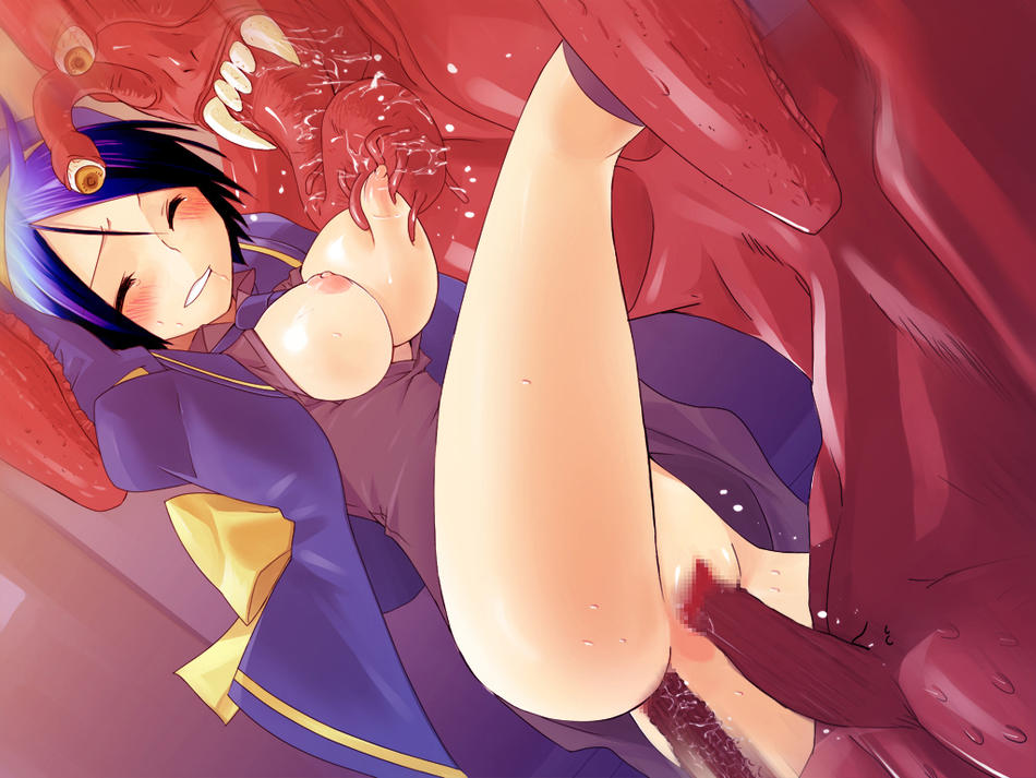 1boy, 1girl, blue hair, blush, breasts, censored, closed eyes, double penetration, hetero, monster, multiple penetration, nipples, penis, pussy, rape, short hair, tentacle sex, tentacles, vaginal