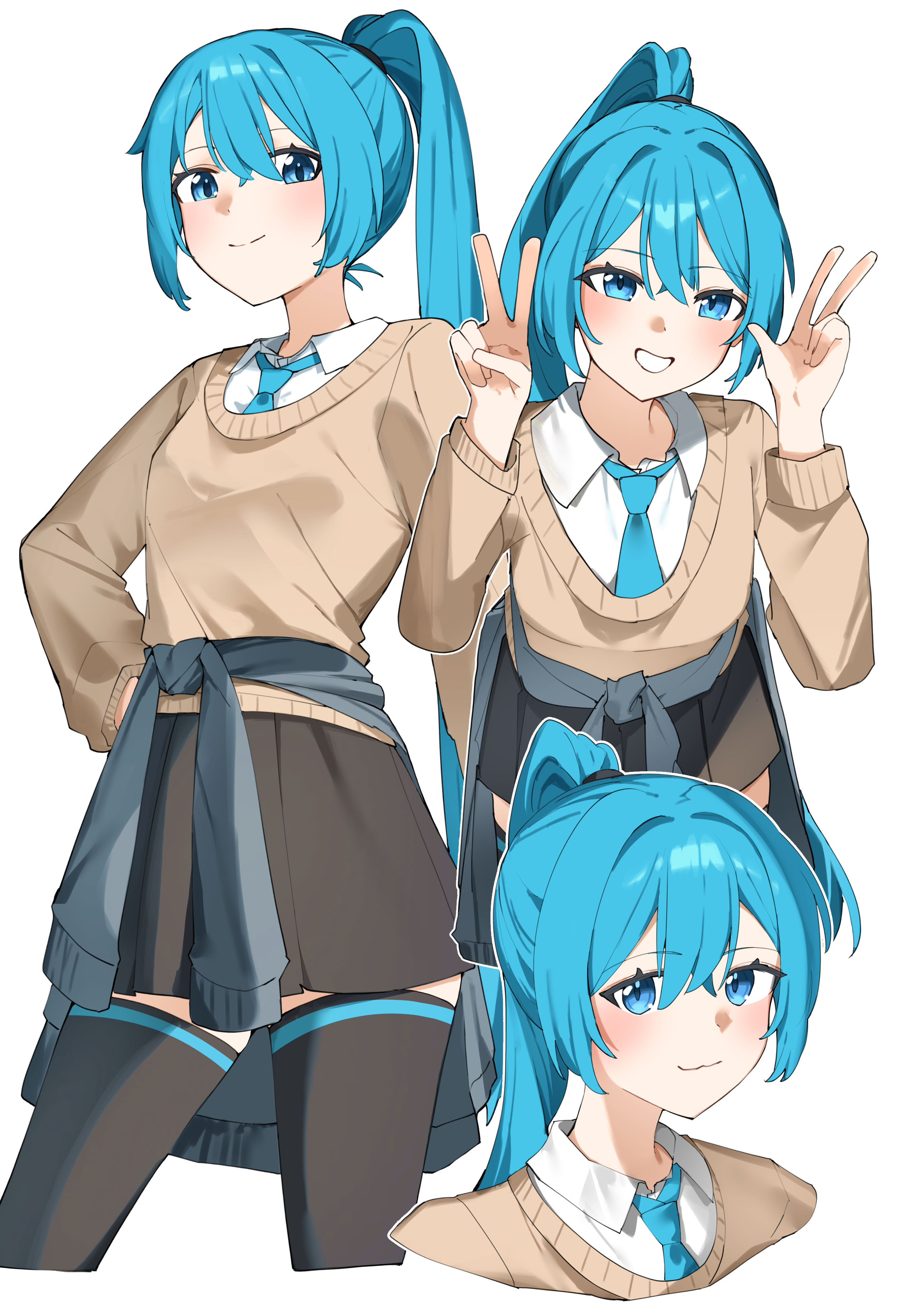 nun178089, hatsune miku, vocaloid, absurdres, commentary, highres, 1girl, alternate costume, black skirt, black thighhighs, blue eyes, blue hair, blue necktie, brown sweater, clothes around waist, collared shirt, hands up, high ponytail, jacket, jacket around waist, long hair, multiple views, necktie, ponytail, school uniform, shirt, simple background, skirt, smile, solo, sweater, thighhighs, v, w, white background, white shirt