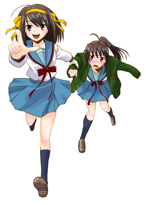 sentape, kyonko, suzumiya haruhi, suzumiya haruhi no yuuutsu, 00s, 2girls, bad anatomy, brown eyes, brown hair, dragging, genderswap, genderswap (mtf), hairband, long hair, multiple girls, ponytail, poorly drawn, school uniform, serafuku, short hair