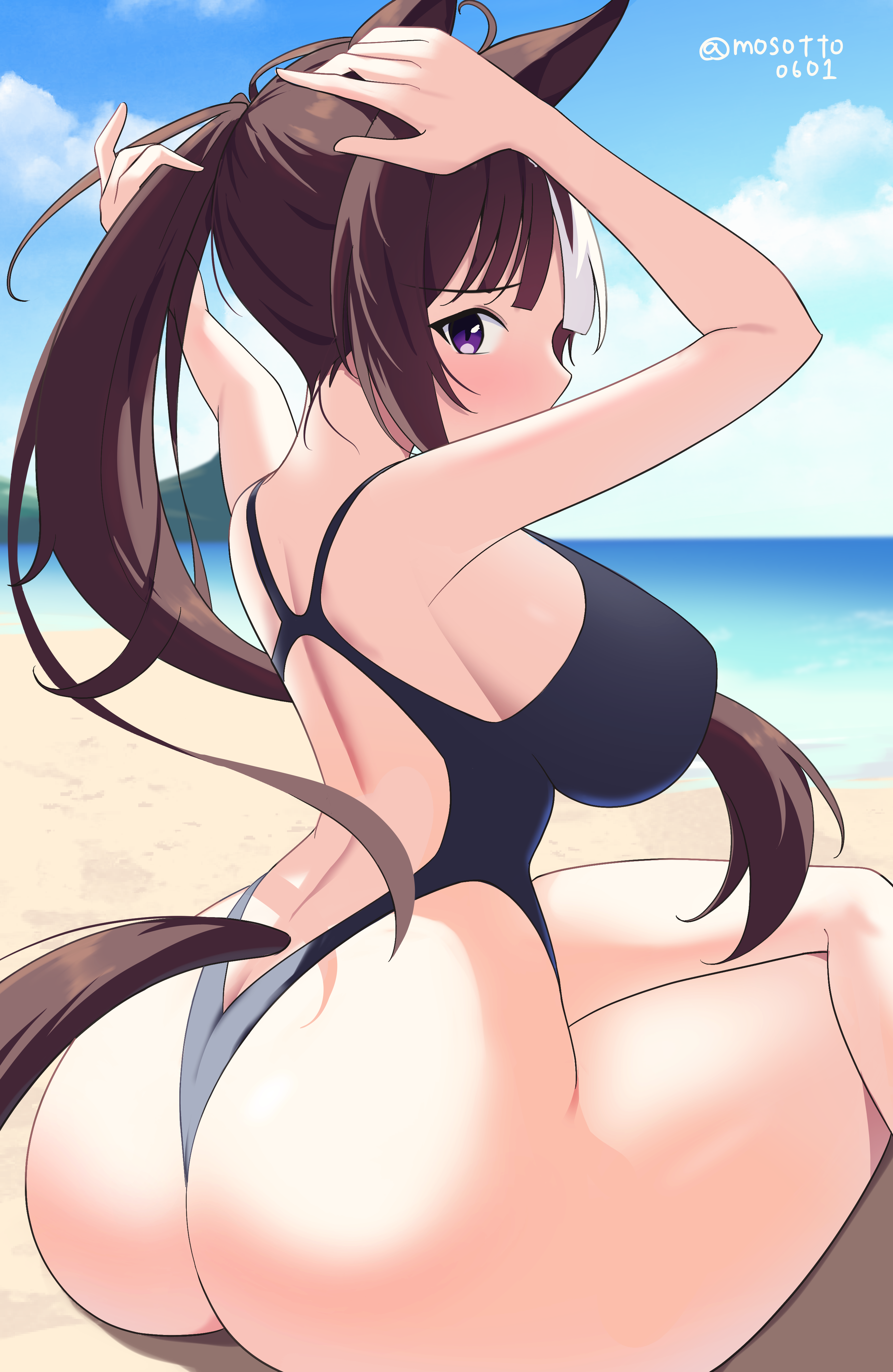 mesotto, hokko tarumae (umamusume), umamusume, absurdres, commentary request, commission, highres, pixiv commission, 1girl, animal ears, beach, black one-piece swimsuit, blue sky, brown hair, cloud, competition swimsuit, day, horizon, horse ears, horse girl, horse tail, ocean, one-piece swimsuit, one-piece thong, outdoors, ponytail, purple eyes, racerback, sky, solo, swimsuit, tail