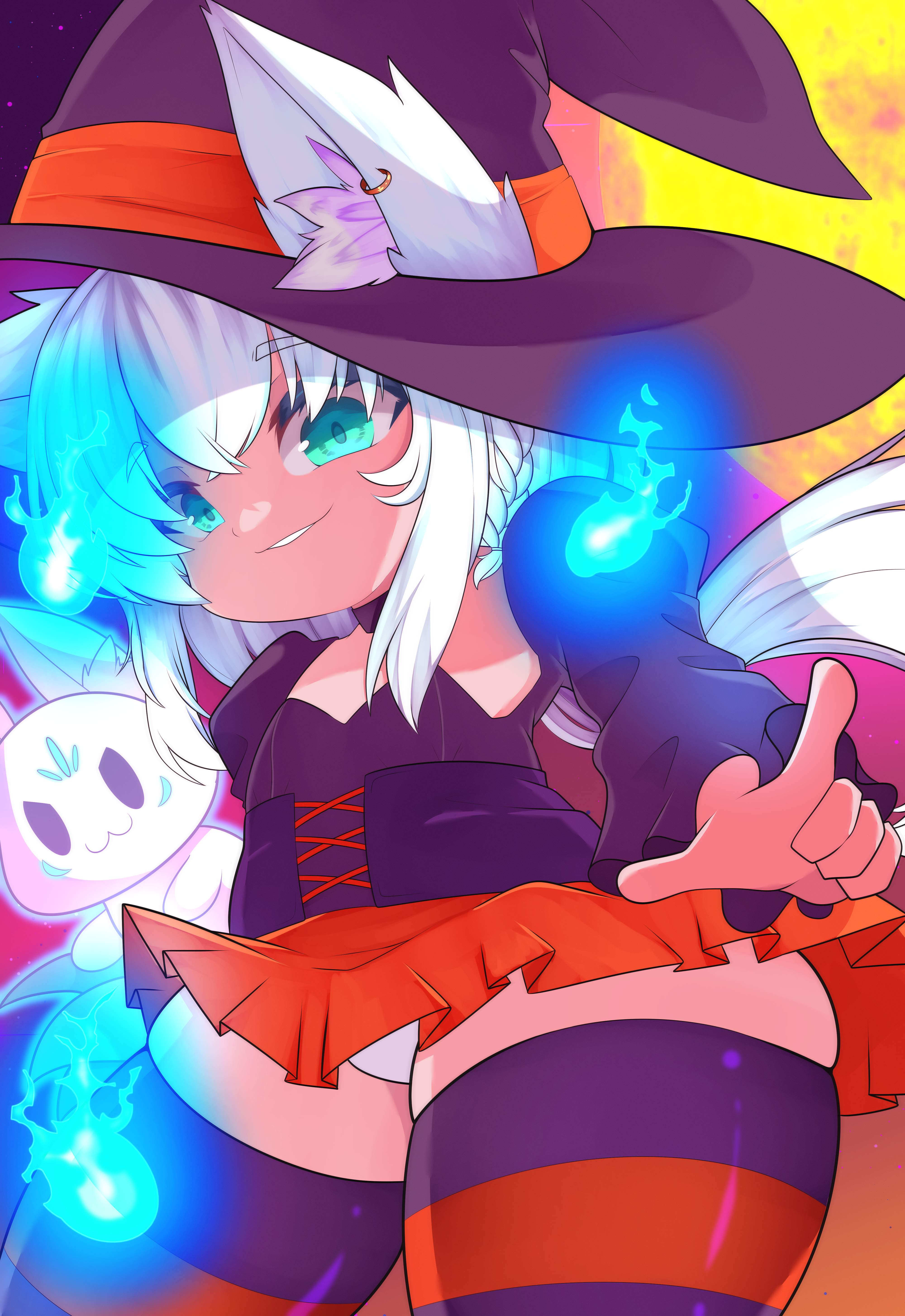 shion (shion aster), shirakami fubuki, sukonbu (shirakami fubuki), warrior of light (ff14), final fantasy, final fantasy xiv, hololive, absurdres, highres, animal ear fluff, animal ear piercing, animal ears, aqua eyes, braid, flat chest, fox ears, fox girl, full moon, halloween, halloween costume, hat, hitodama, lalafell, looking at viewer, looking down, moon, purple sky, shortstack, side braid, single braid, sky, striped clothes, striped thighhighs, thick thighs, thighhighs, thighs, virtual youtuber, white hair, witch, witch hat