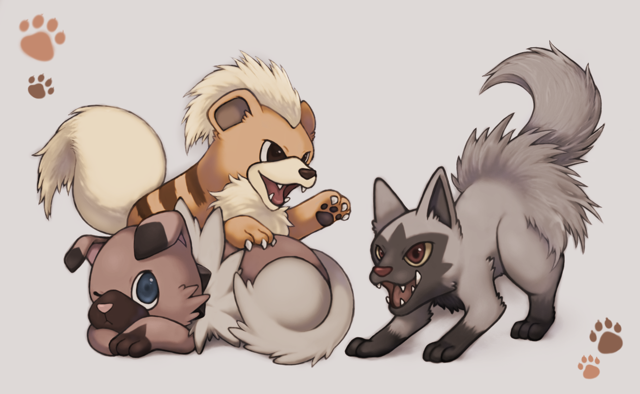 mifu0418, growlithe, poochyena, rockruff, nintendo, pokemon, black eyes, blue eyes, colored sclera, dog, fangs, gen 1 pokemon, gen 3 pokemon, gen 7 pokemon, grey background, lying, no humans, on stomach, open mouth, paw print, paw print background, pokemon (creature), red eyes, yellow sclera