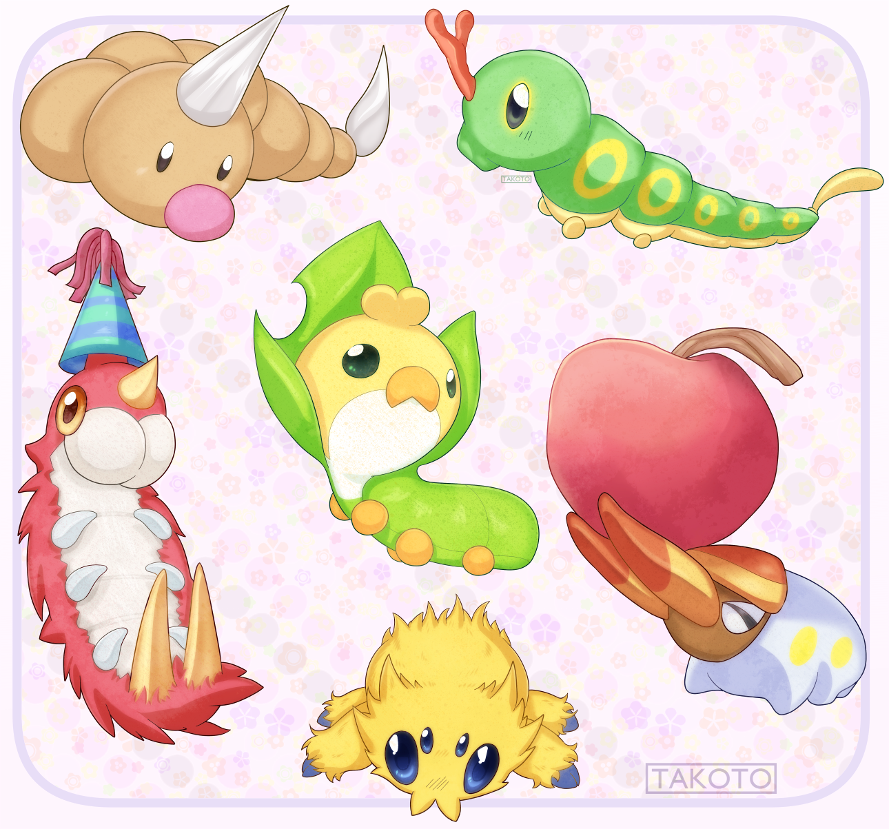 takoto, caterpie, grubbin, joltik, sewaddle, weedle, wurmple, nintendo, pokemon, highres, apple, artist name, black eyes, blue eyes, bug, food, fruit, gen 1 pokemon, gen 3 pokemon, gen 5 pokemon, gen 7 pokemon, hat, no humans, party hat, pokemon (creature), yellow eyes