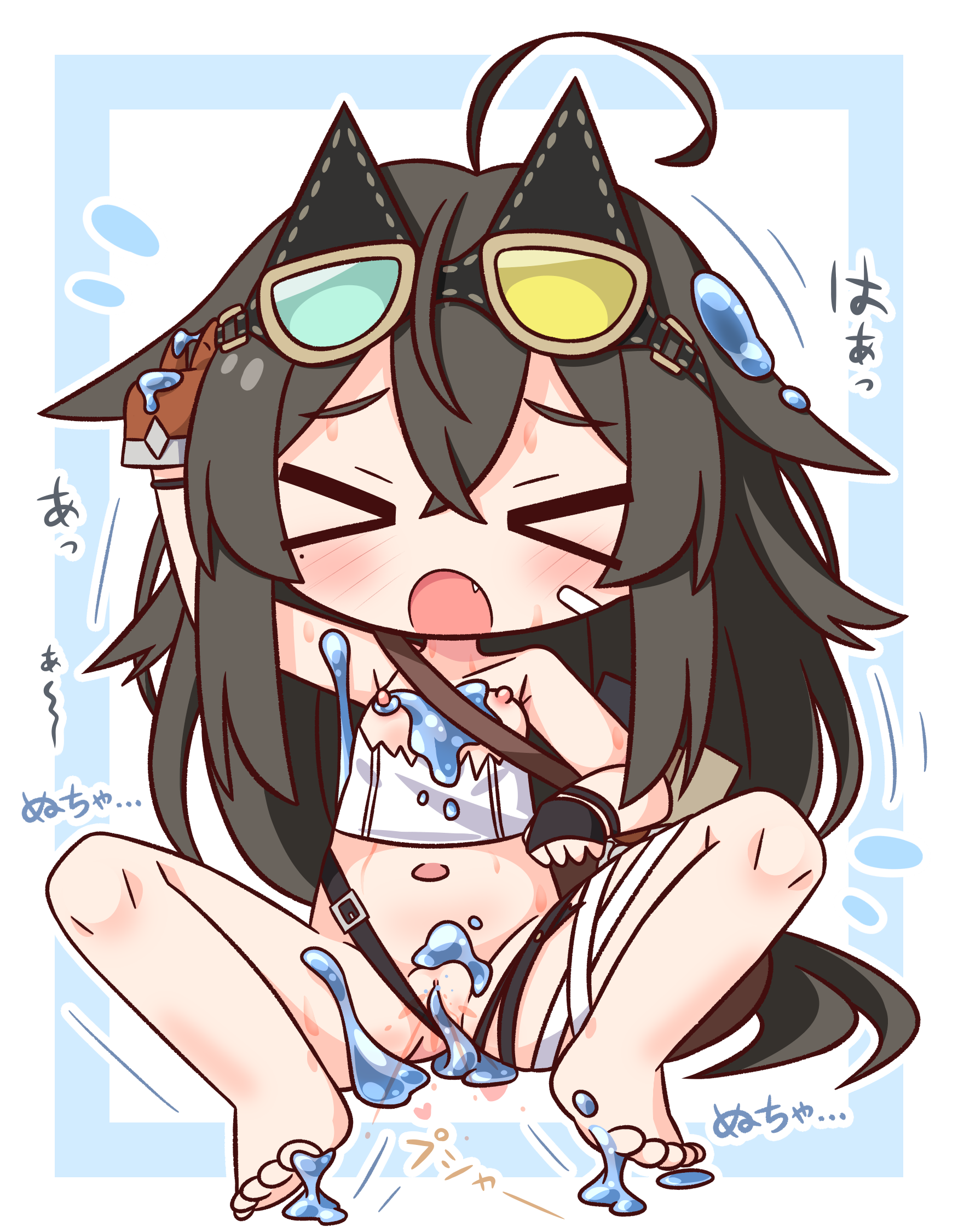 hana kazari, teresa (stella sora), stella sora, commentary request, highres, > <, 1girl, :o, ahoge, barefoot, black hair, blush, brown eyes, closed eyes, crossed bangs, double-parted bangs, eyewear on head, fang, full body, hair between eyes, long hair, navel, nipples, open mouth, pussy, pussy juice, shirt, sitting, slime (substance), solo, spread legs, sunglasses, white shirt