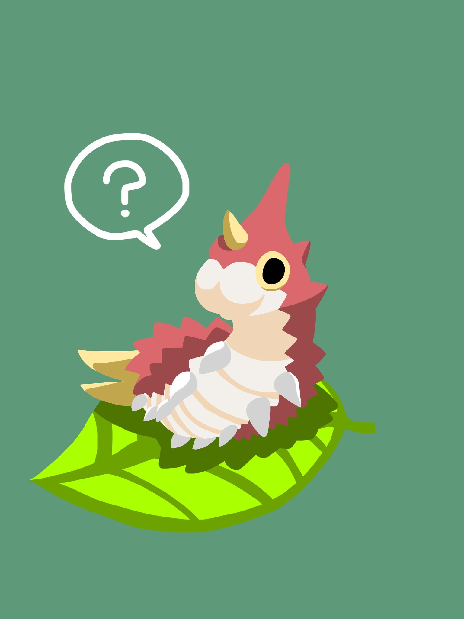ren0061, wurmple, nintendo, pokemon, highres, ?, black eyes, bug, colored sclera, full body, gen 3 pokemon, green background, leaf, no humans, pokemon (creature), solo, spoken question mark, yellow sclera