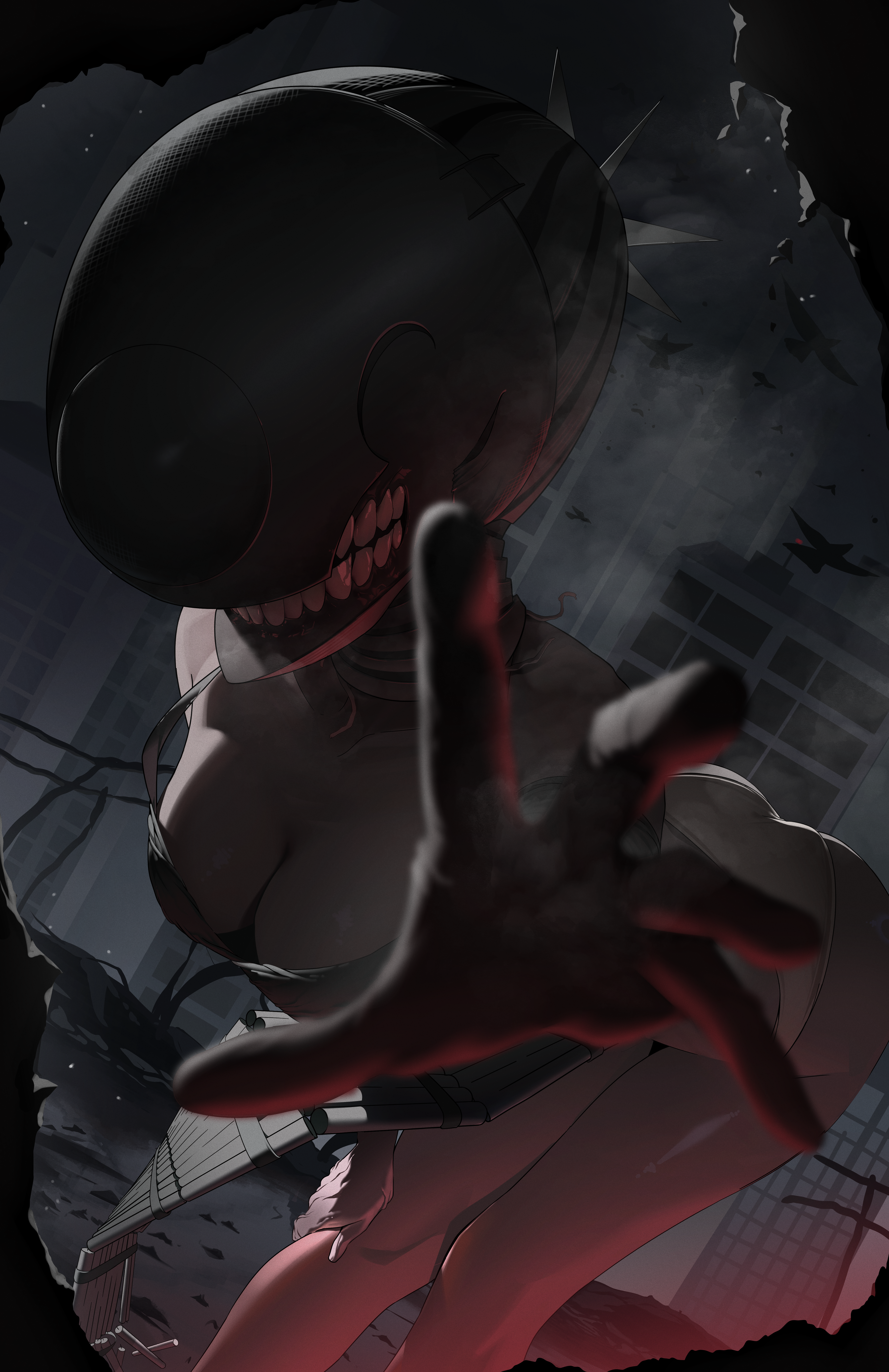 september0405, bomb devil (chainsaw man), chainsaw man, absurdres, highres, 1girl, apron, bent over, bird, black apron, black gloves, breasts, city, cleavage, destruction, dynamite, elbow gloves, explosive, gloves, medium breasts, night, outdoors, panties, reaching, reaching towards viewer, solo, teeth, underwear, white panties