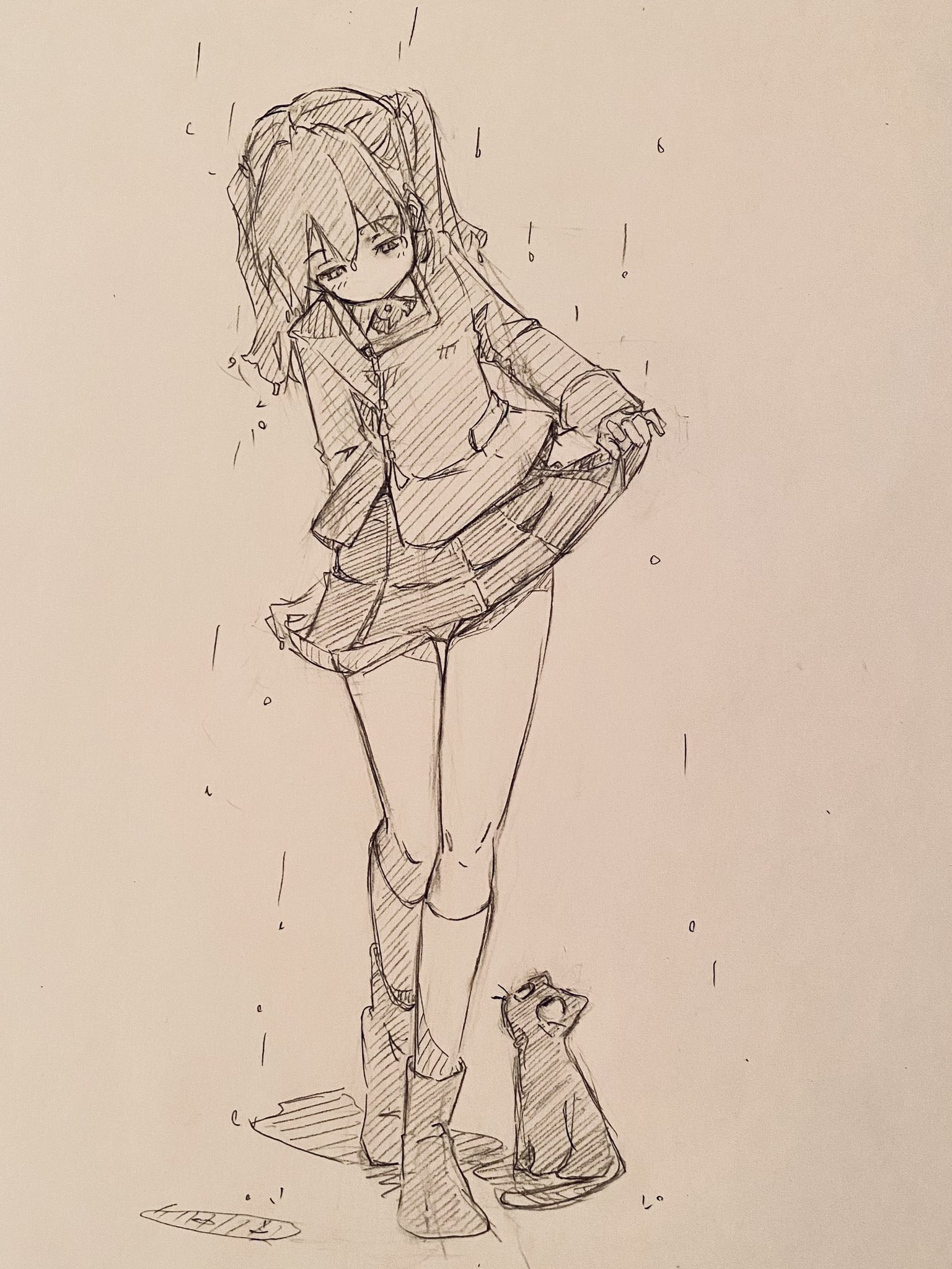 chakoru, ryuujou (kancolle), kantai collection, graphite (medium), highres, traditional media, 1girl, cat, clothes lift, contrapposto, flat chest, full body, greyscale, hatching (texture), kneehighs, linear hatching, long hair, long sleeves, looking at animal, looking down, magatama, monochrome, no mouth, pleated skirt, rain, school uniform, shoes, sketch, skirt, skirt lift, socks, solo, standing, twintails