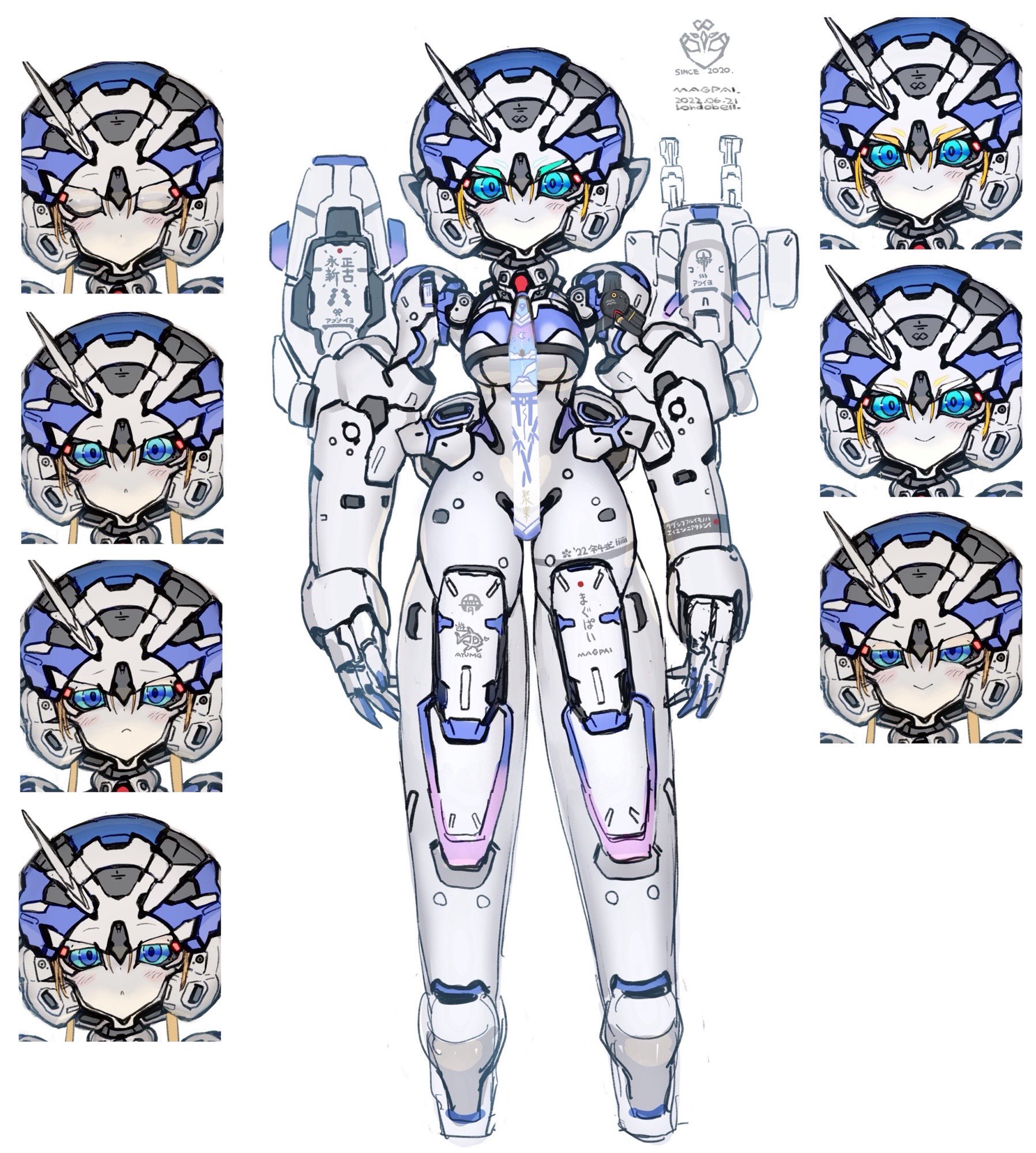 rondo bell, original, highres, 1girl, blonde hair, blue eyes, closed eyes, colored skin, full body, half-closed eyes, joints, looking at viewer, multiple expressions, robot girl, robot joints, smile, solo, standing, white background, white skin