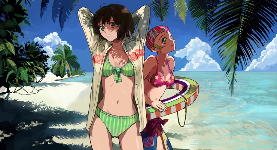 akazuki, original, archived source, bad source, 2girls, arms behind back, beach, bikini, blonde hair, blue sarong, blue sky, breasts, closed mouth, cloud, collarbone, cowboy shot, cumulonimbus cloud, day, facing viewer, floral print, floral print bikini, green bikini, green eyes, hat, holding, holding swim ring, innertube, medium breasts, multicolored sarong, multiple girls, narrow waist, navel, open clothes, open shirt, outdoors, palm tree, pink bikini, pink hat, pink sarong, print bikini, sarong, shade, shirt, skinny, sky, smile, striped bikini, striped clothes, sunflower union, swim cap, swim ring, swimsuit, tree, tropical, unbuttoned, unbuttoned shirt, vertical-striped bikini, vertical-striped clothes, water, yellow eyes, yellow shirt