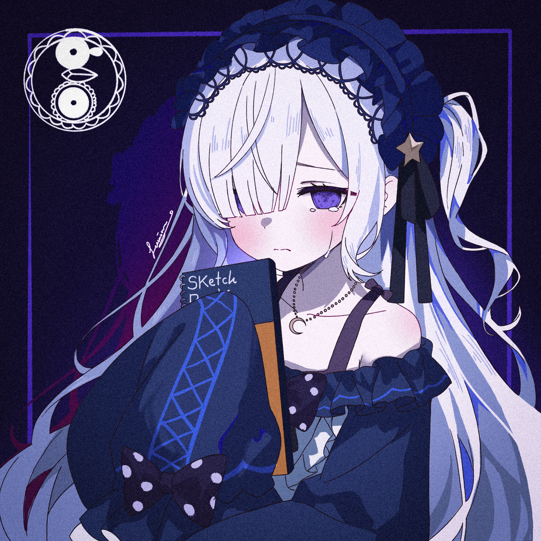 lumina (1umin4), natsume an-an, mahou shoujo no majo saiban, highres, 1girl, blue dress, blue headband, blunt bangs, bow, crescent, crescent necklace, dress, gokuchou, gothic lolita, hair over one eye, hairband, headband, holding, holding sketchbook, jewelry, light frown, lolita fashion, lolita hairband, long hair, looking at viewer, magical girl, necklace, polka dot, polka dot bow, purple eyes, sketchbook, sleeves past fingers, sleeves past wrists, solo, tearing up, tied sleeves, very long hair, white hair
