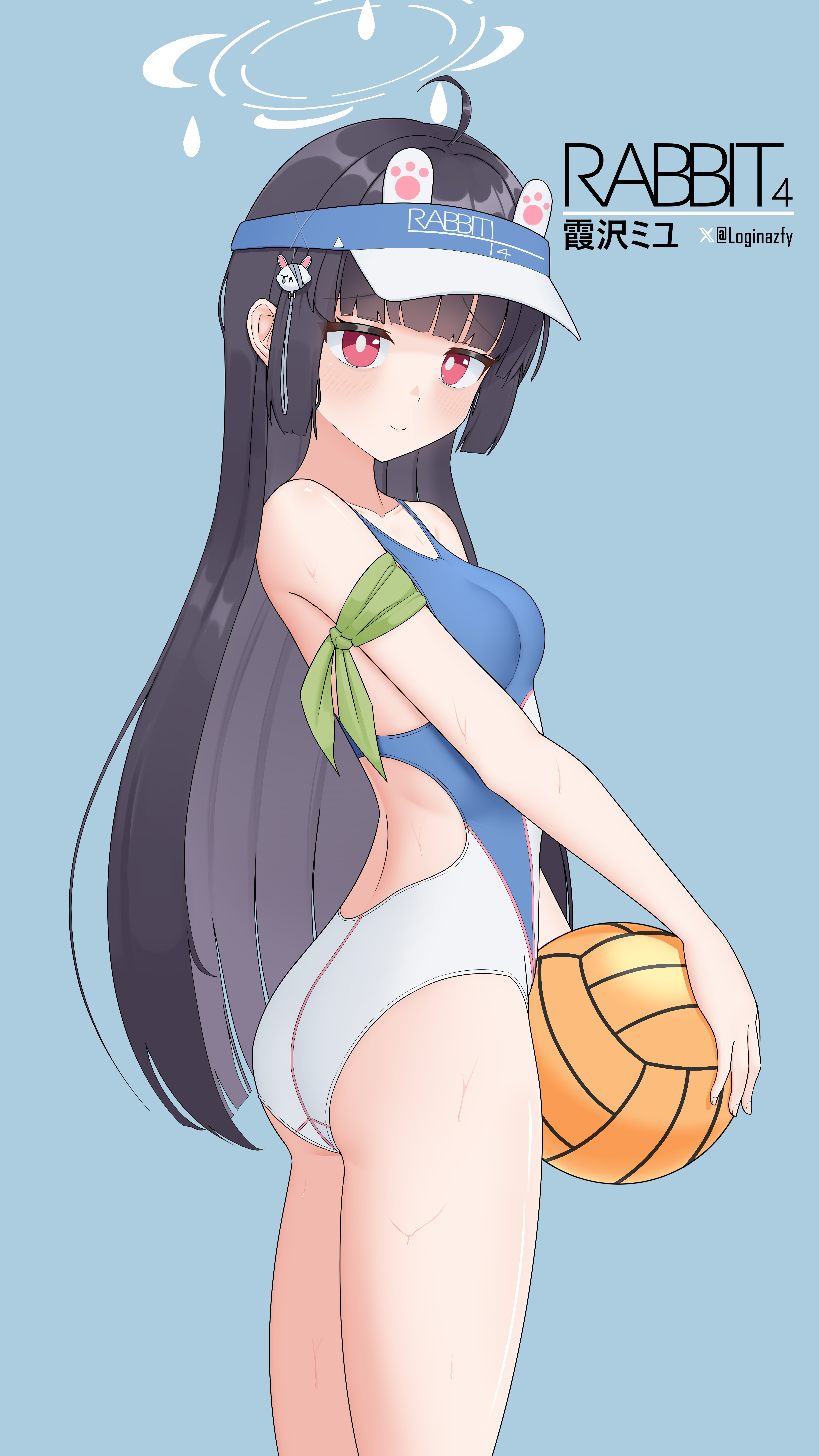 sembem, miyu (blue archive), blue archive, absurdres, highres, 1girl, ahoge, armband, ass, ball, black hair, blunt bangs, breasts, character name, competition swimsuit, halo, long hair, looking at viewer, one-piece swimsuit, rabbit ornament, red eyes, sidelocks, simple background, small breasts, solo, swimsuit, twitter username, two-tone swimsuit, visor cap, volleyball (object), white background, white halo