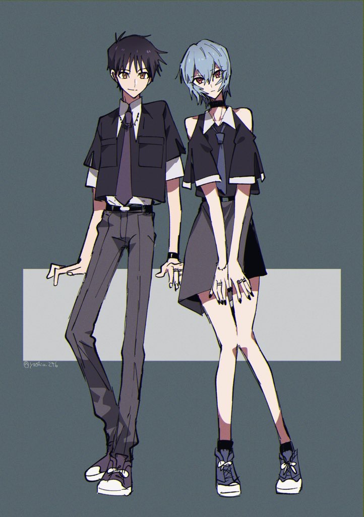 yoshio 296, ayanami rei, ikari shinji, neon genesis evangelion, 1boy, 1girl, aged up, alternate costume, alternate hairstyle, asymmetrical skirt, bare shoulders, belt, black choker, black jacket, black nails, blue hair, breasts, brown eyes, choker, collared shirt, couple, hetero, jacket, jewelry, looking at viewer, multiple rings, necklace, necktie, pants, red eyes, ring, shirt, shoes, short hair, sneakers, white shirt