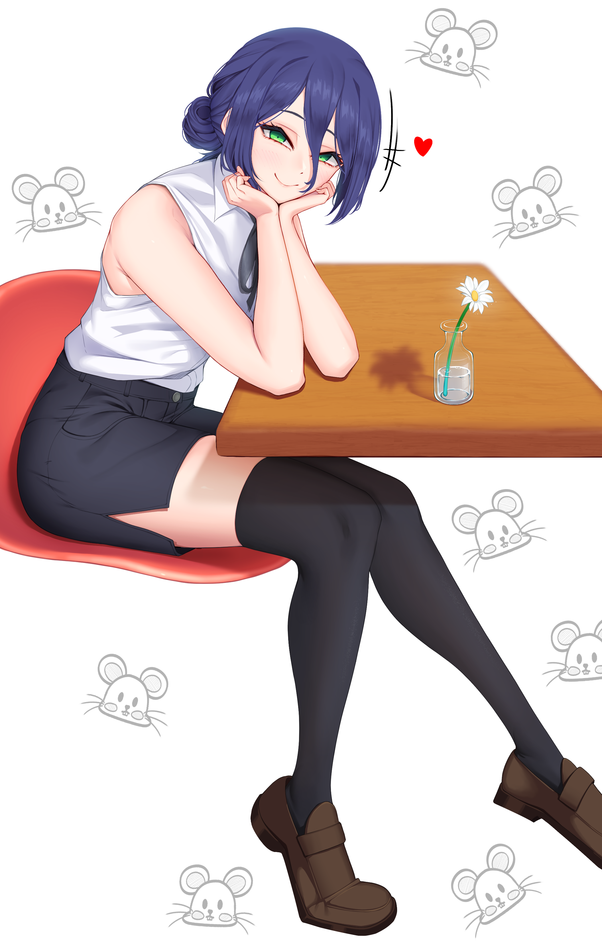 reze (chainsaw man), chainsaw man, absurdres, highres, 1girl, black ribbon, black shorts, black thighhighs, blue hair, brown shoes, closed mouth, flower, green eyes, hands on own chin, head rest, heart, jar, loafers, looking at viewer, neck ribbon, ribbon, shirt, shoes, shorts, sitting, sleeveless, sleeveless shirt, smile, solo, table, thighhighs, water, white flower, white shirt, yun (cycy321)