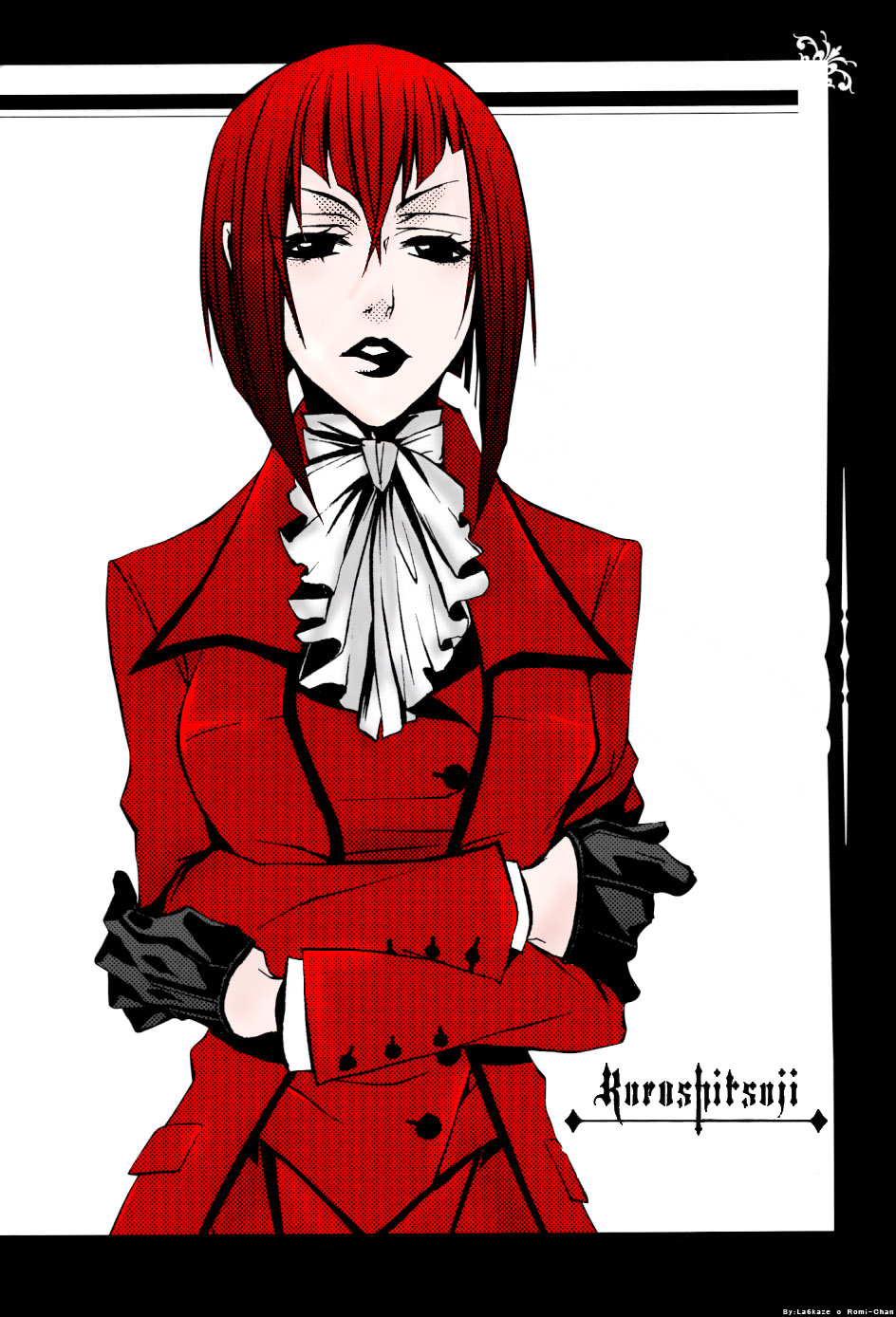 angelina durless, madam red, kuroshitsuji, highres, official art, 00s, 1girl, ascot, black eyes, black gloves, bob cut, crossed arms, female focus, formal clothes, gloves, lipstick, makeup, parted lips, red hair, short hair, solo