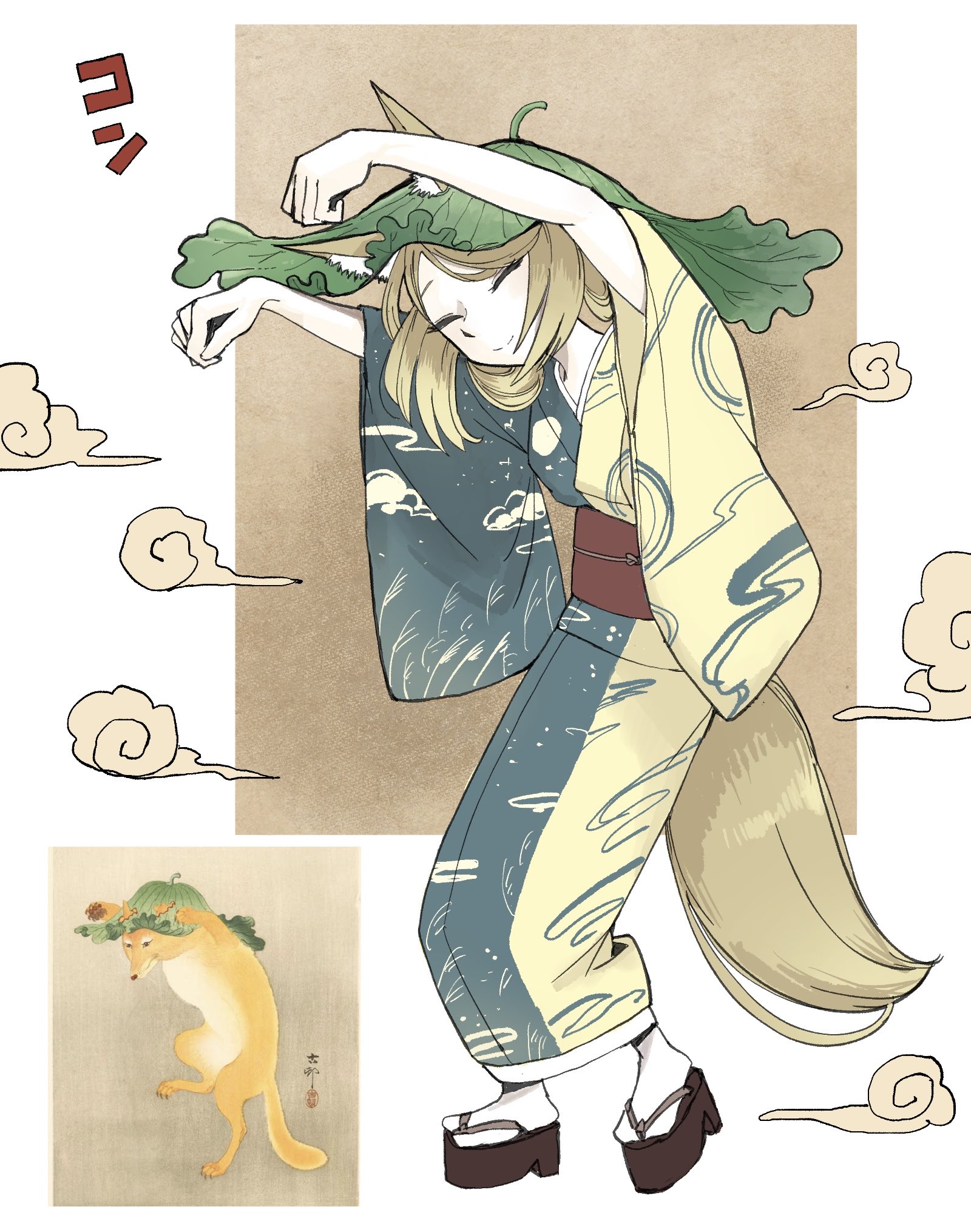 original, commentary, highres, 1girl, ^ ^, blonde hair, blue kimono, closed eyes, fine art parody, fox, fox tail, full body, japanese clothes, kameyama kameo, kimono, kitsune, leaf, leaf on head, nihonga, obi, okobo, parody, platform sandals, red sash, reference inset, sandals, sash, smile, solo, tabi, tail, two-tone kimono, ukiyo-e, xiangyun, yellow kimono