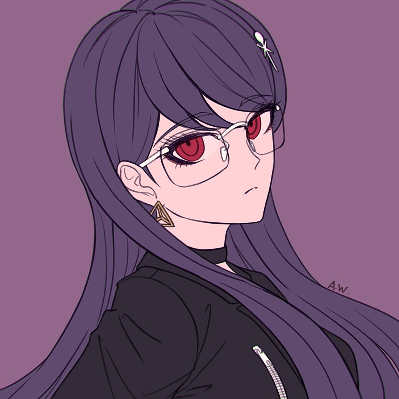 arthasw, shizuhara hiruko, the hundred line -last defense academy-, chinese commentary, commentary request, 1girl, black choker, black jacket, choker, chromatic aberration, closed mouth, earrings, eyelashes, flat color, frown, glasses, jacket, jewelry, long hair, portrait, purple background, purple hair, rectangular eyewear, red eyes, signature, simple background, solo, tsurime