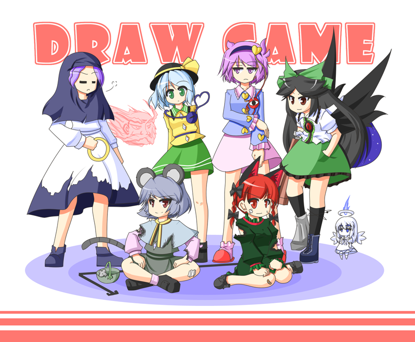 urushi, kaenbyou rin, komeiji koishi, komeiji satori, kumoi ichirin, nazrin, reiuji utsuho, unzan, zombie fairy (touhou), touhou, 6+girls, animal ears, dress, female focus, hairband, hat, hood, multiple girls, ribbon, skirt, wings