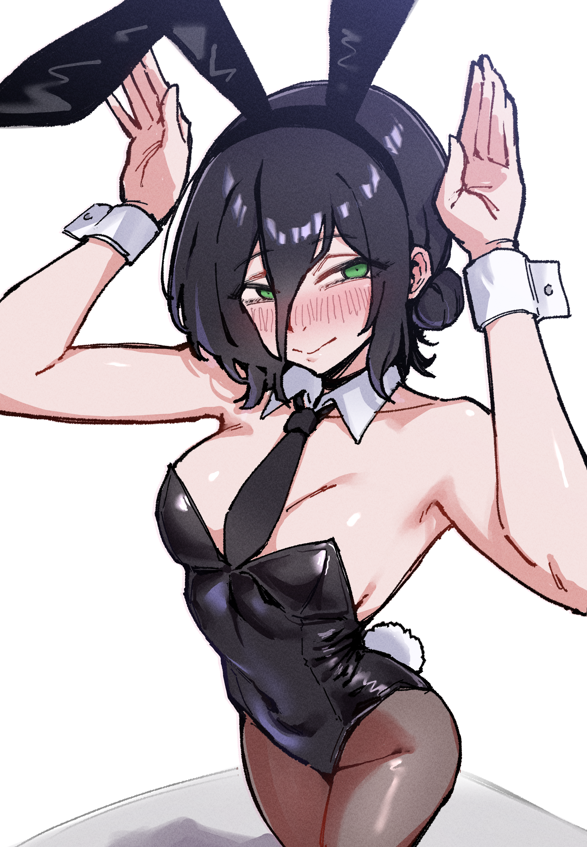 gyu (kgh9081), reze (chainsaw man), chainsaw man, absurdres, highres, 1girl, alternate costume, animal ear hairband, animal ears, black hair, black leotard, black necktie, blush, breasts, brown pantyhose, closed mouth, fake animal ears, fake tail, green eyes, hair between eyes, hair bun, hairband, highleg, highleg leotard, leotard, medium breasts, necktie, nose blush, pantyhose, playboy bunny, rabbit ear hairband, rabbit ears, rabbit pose, rabbit tail, smile, solo, strapless, strapless leotard, tail, white wrist cuffs, wrist cuffs