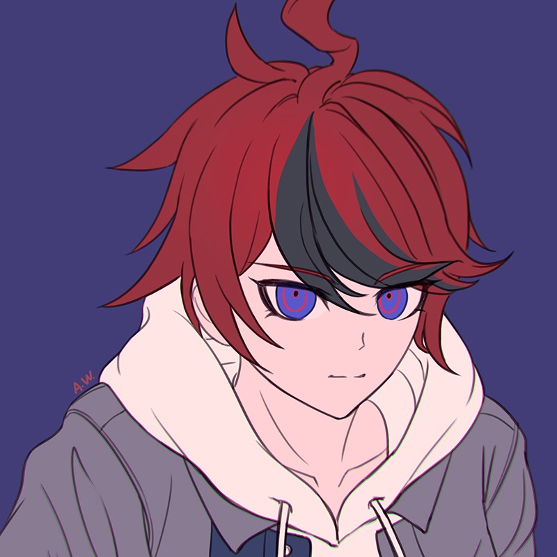 arthasw, sumino takumi, the hundred line -last defense academy-, chinese commentary, commentary request, 1boy, ahoge, black hair, blue background, blue eyes, chromatic aberration, closed mouth, collarbone, drawstring, eyes visible through hair, flat color, grey jacket, hair between eyes, hood, hood down, hoodie, jacket, jacket over hoodie, male focus, multicolored hair, open clothes, open jacket, portrait, red hair, short hair, signature, simple background, solo, streaked hair, tsurime, two-tone hair, white hoodie