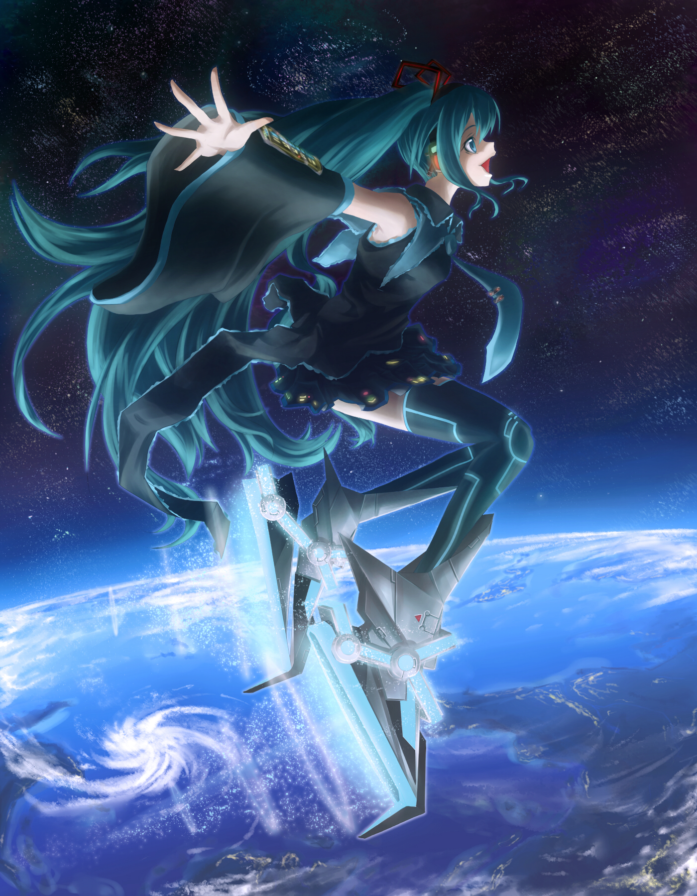 arkas, hatsune miku, vocaloid, highres, aqua eyes, aqua hair, cloud, detached sleeves, earth (planet), flying, giant, giantess, long hair, ocean, orbit, planet, solo, space, star (symbol), thighhighs, twintails, very long hair, water