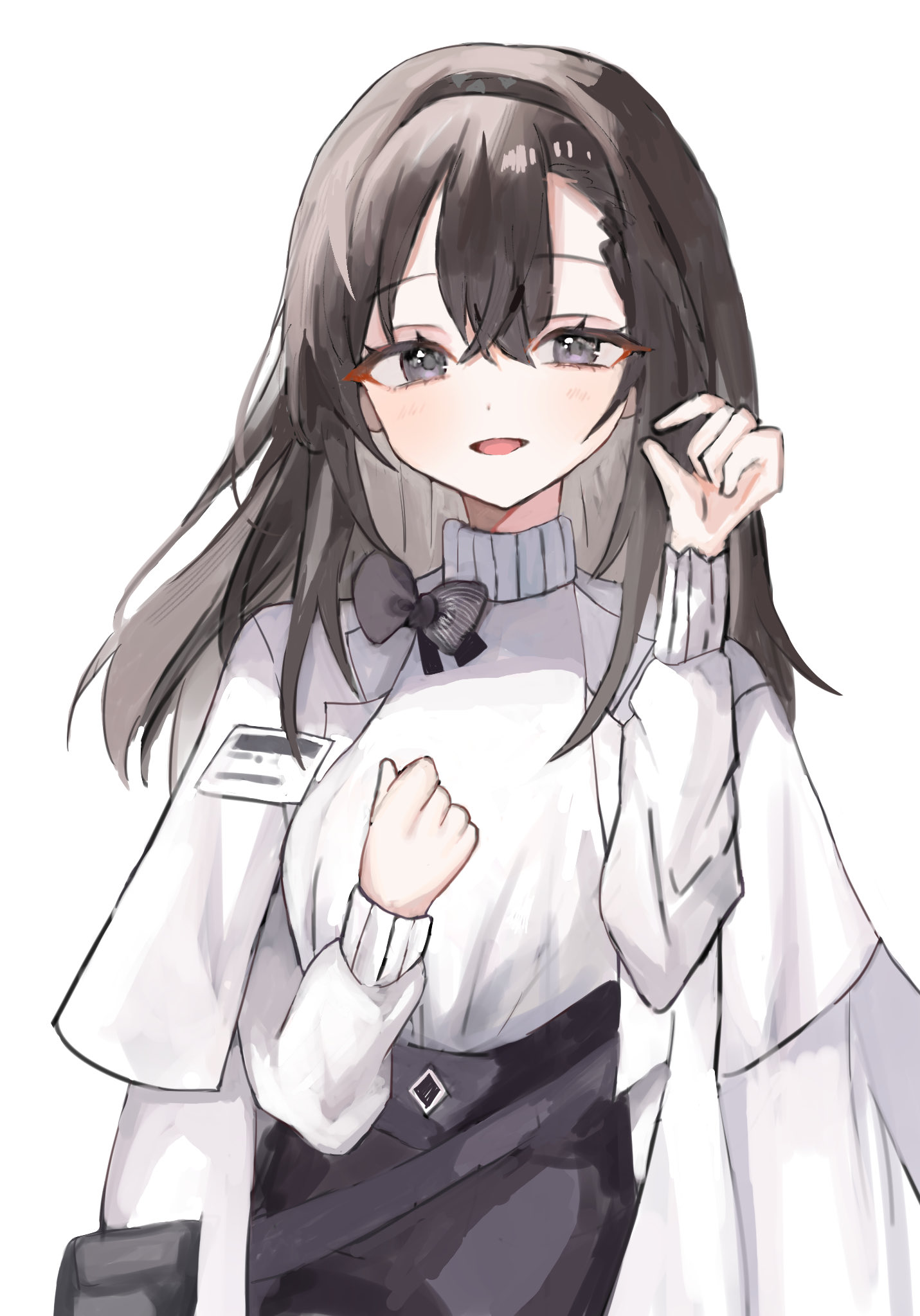 priestess (arknights), arknights, commentary, highres, 1girl, :d, black eyes, black hairband, black skirt, brown hair, coat, coat on shoulders, hair between eyes, hairband, hand on own chest, hand up, light blush, long hair, long sleeves, looking at viewer, open mouth, simple background, skirt, smile, solo, sweater, turtleneck, white background, white coat, white sweater, yattatikubi