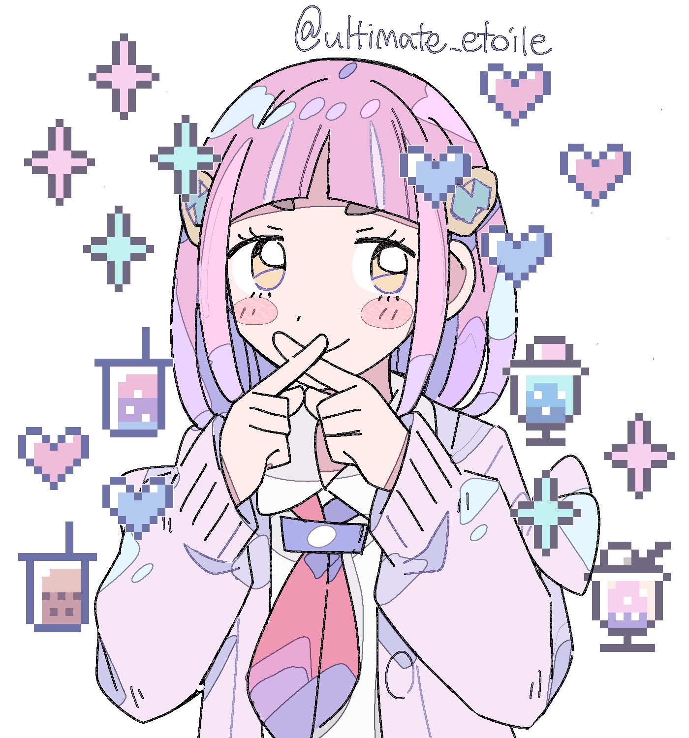 remoooon, lacey (pokemon), nintendo, pokemon, pokemon sv, highres, 1girl, arched bangs, blush stickers, cardigan, closed mouth, hair ornament, hairclip, long sleeves, looking at viewer, neckerchief, pink hair, purple cardigan, red neckerchief, shirt, short hair, simple background, smile, solo, upper body, white background, white shirt, x fingers, yellow eyes