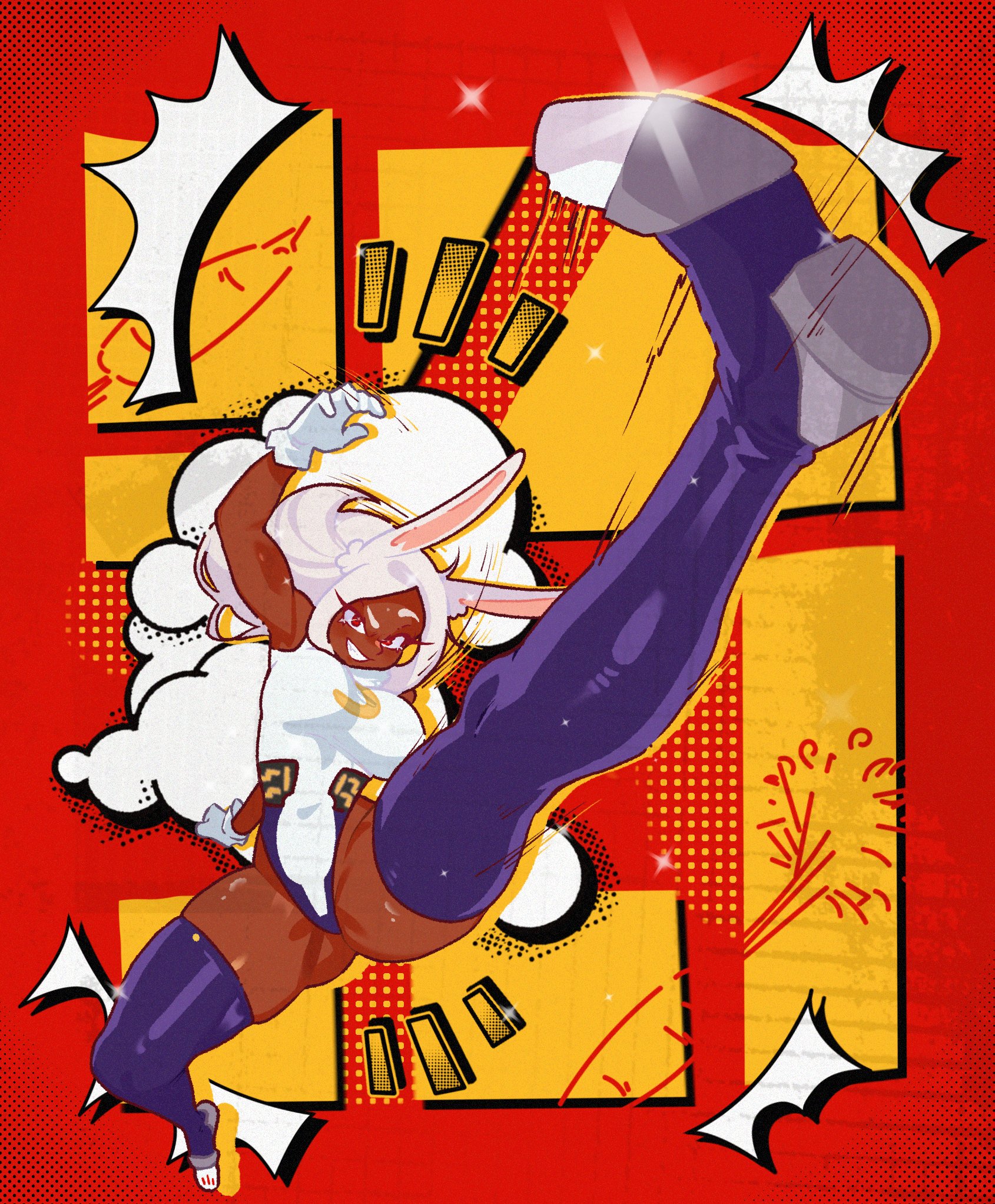mirko, boku no hero academia, highres, 1girl, animal ears, dark-skinned female, dark skin, dynamic pose, foreshortening, gloves, grin, incoming kick, kicking, leotard, long eyelashes, long hair, notice lines, purple thighhighs, rabbit ears, rabbit girl, red background, red eyes, skindentation, smile, snailbrunch, solo, thighhighs, white gloves, white hair, white leotard