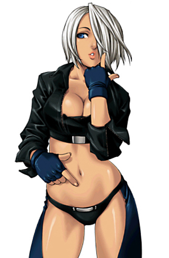 nakano tomokazu, angel (kof), snk, the king of fighters, the king of fighters neowave, official art, 1girl, blue eyes, breasts, chaps, cleavage, female focus, fingerless gloves, gloves, hair over one eye, jacket, leather, leather jacket, lips, midriff, navel, open clothes, open shirt, shirt, short hair, solo, white hair