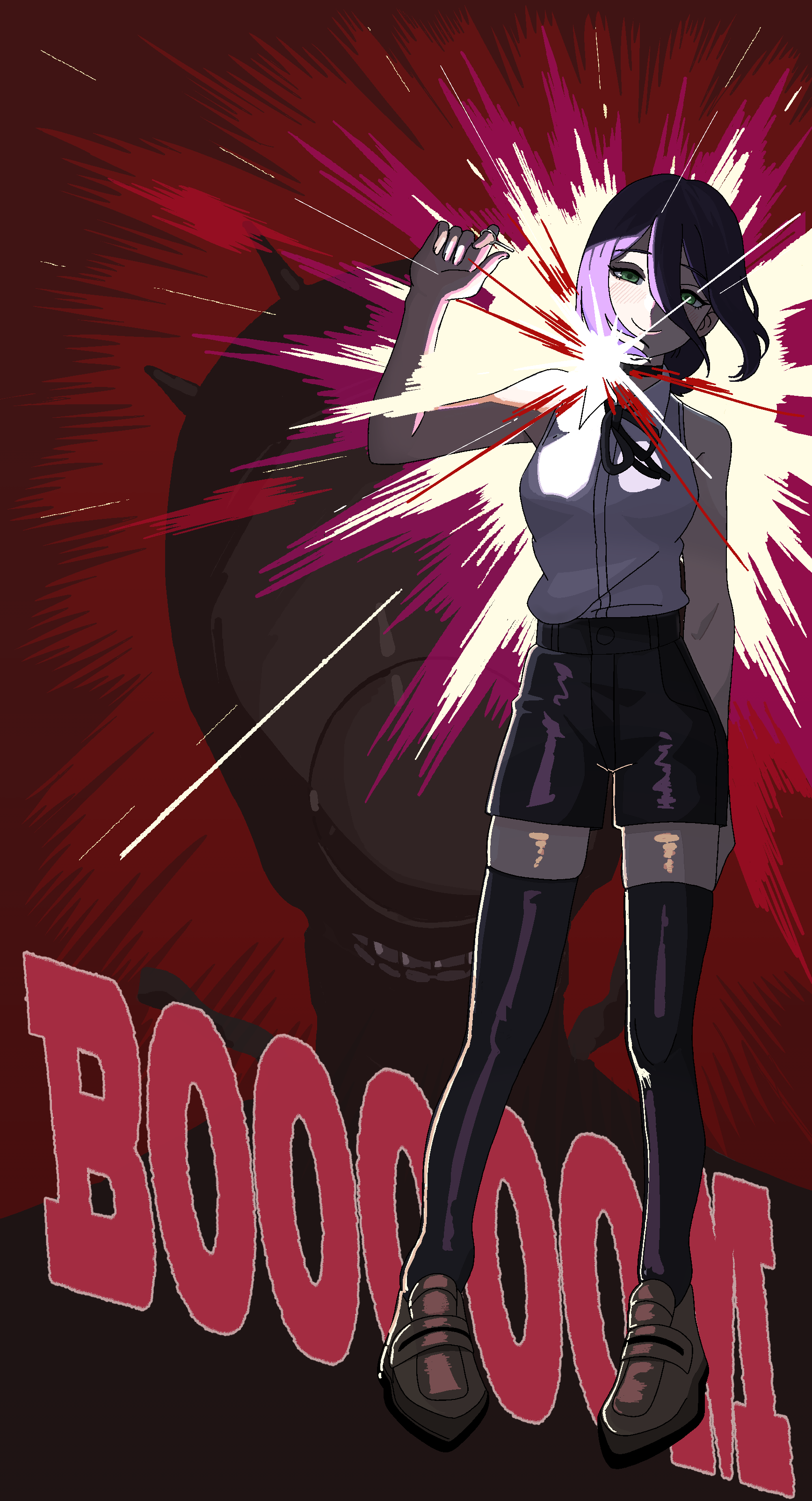 stag1215, bomb devil (chainsaw man), reze (chainsaw man), chainsaw man, absurdres, highres, 1girl, black ribbon, black shorts, black thighhighs, brown shoes, closed mouth, full body, green eyes, grenade pin, hair between eyes, imminent explosion, loafers, neck ribbon, purple hair, ribbon, shirt, shoes, shorts, sleeveless, sleeveless shirt, smile, solo, thighhighs, white shirt
