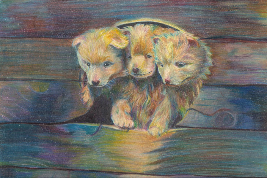keishin, cerberus, original, wood, traditional media, animal focus, baby animal, dog, multiple heads, no humans, optical illusion, puppy, realistic
