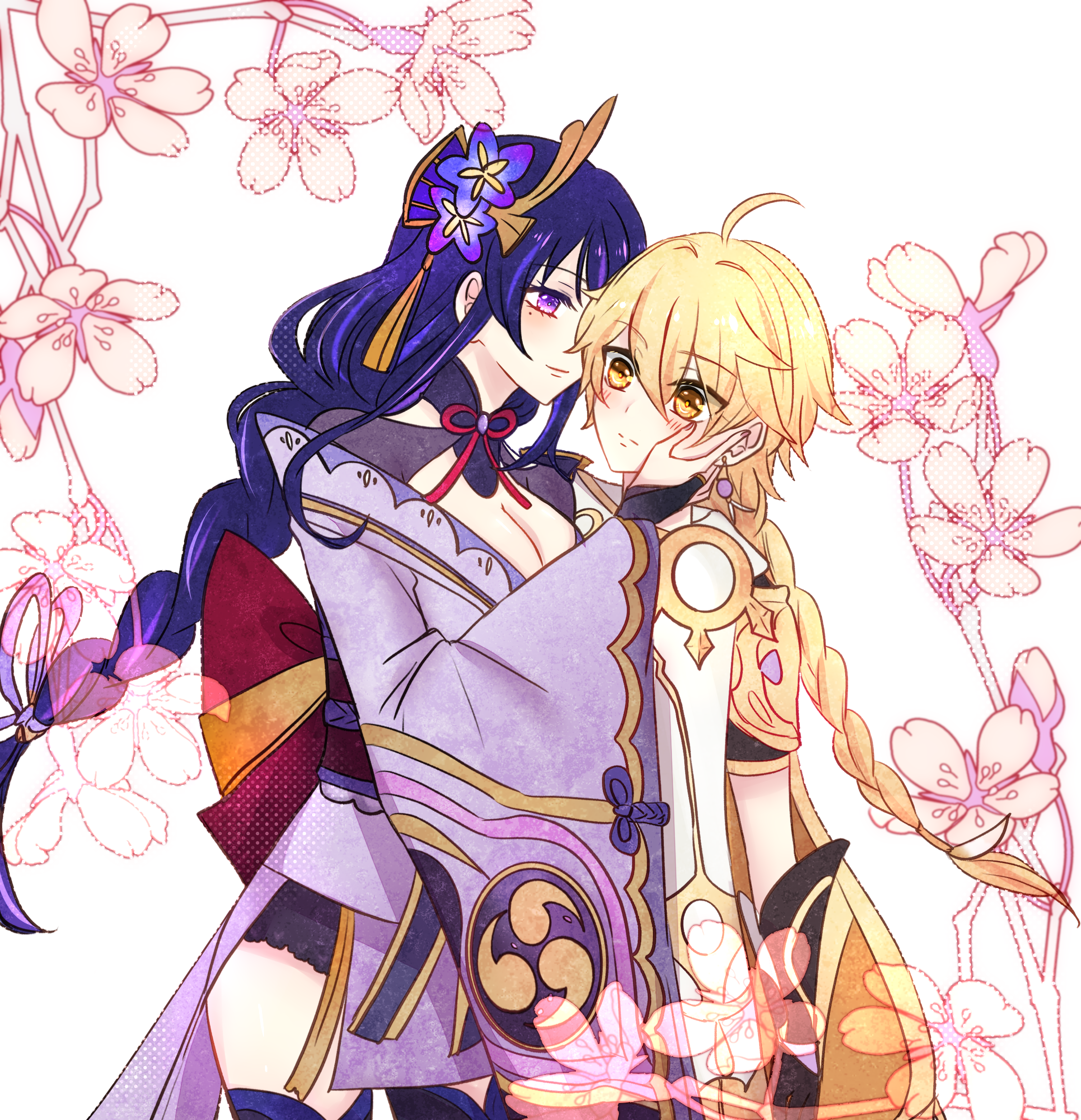 zasyyu134, aether (genshin impact), raiden shogun, genshin impact, commentary request, highres, 1boy, 1girl, ahoge, armor, back bow, black panties, blonde hair, blunt bangs, bow, braid, breasts, bridal gauntlets, cleavage, closed mouth, couple, crop top, earrings, fan hair ornament, floral print, flower, flower ornament, friends, from side, hair between eyes, hair ornament, hand on another's cheek, hand on another's face, hetero, huge ahoge, japanese clothes, jewelry, kimono, large breasts, leaning forward, light blush, light smile, long braid, long hair, long sleeves, looking to the side, mitsudomoe (shape), mole, mole under eye, multicolored hair, orange eyes, panties, purple eyes, purple flower, purple hair, purple kimono, purple nails, red sash, sash, scarf, shade, short sleeves, shoulder armor, shy, single braid, single earring, speech bubble, standing, stomach, streaked hair, thighhighs, tomoe (symbol), toned, toned male, underwear, upper body, white background, white scarf, wide sleeves