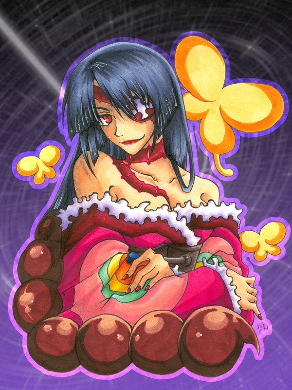 aiko-mustang, adiane, tengen toppa gurren lagann, image sample, traditional media, 00s, 1girl, blue hair, corset, dress, eyepatch, female focus, frills, lipstick, long hair, makeup, red eyes, scorpion tail, solo, tail, tattoo