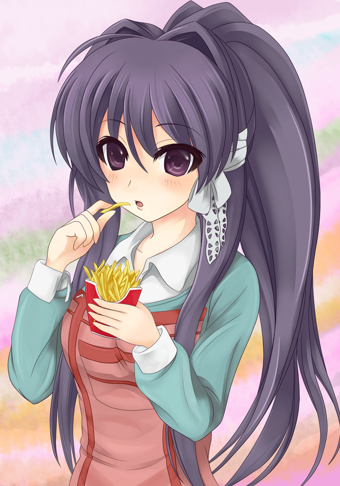 mizukami ryouma, xjr1250, fujibayashi kyou, clannad, bad id, bad pixiv id, 00s, 1girl, eating, female focus, food, french fries, long hair, ponytail, purple eyes, purple hair, solo