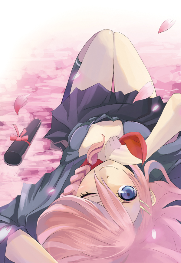 tansuke, takagi (tansuke), original, 1girl, blue eyes, braid, cherry blossoms, female focus, hair ornament, hairclip, legs, lying, one eye closed, pink hair, school uniform, side braid, skirt, smile, solo, wink