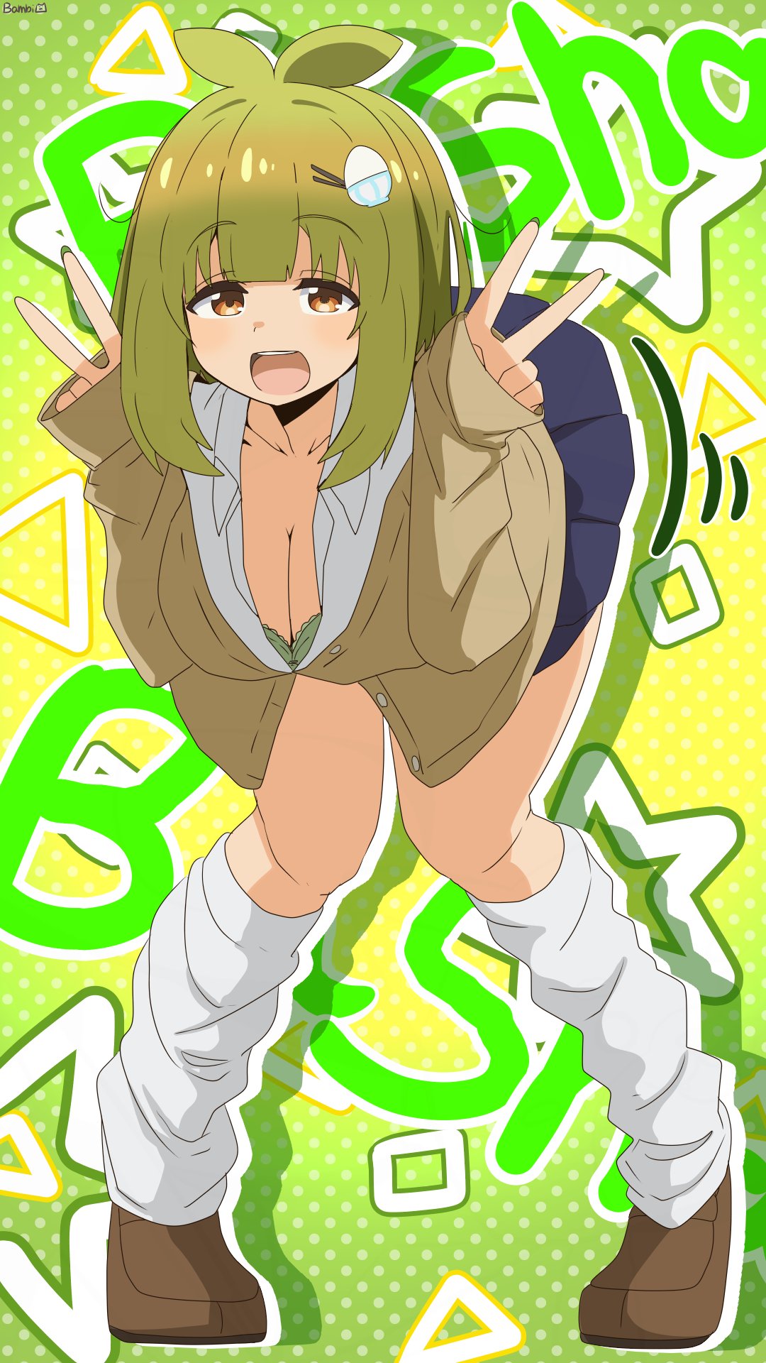 bambi2000line, bashame meme, shikanoko nokonoko koshitantan, highres, breasts, cleavage, double v, green hair, hair ornament, v