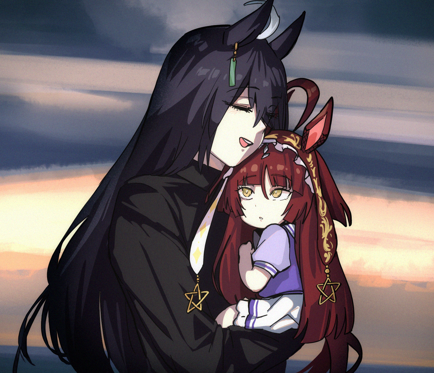 rakugosha (straggler house), manhattan cafe (umamusume), umamusume, highres, 2girls, ahoge, animal ears, baby, black coat, black hair, blunt bangs, carrying, carrying baby, carrying person, closed eyes, coat, ear ornament, ear tag, earrings, hairband, horse ears, horse girl, jewelry, long hair, long sleeves, looking at another, multicolored hair, multiple girls, open mouth, pleated skirt, puffy short sleeves, puffy sleeves, purple shirt, red desire (umamusume), red hairband, school uniform, shirt, short sleeves, single earring, skirt, tracen school uniform, very long hair, white hair, white skirt, yellow eyes