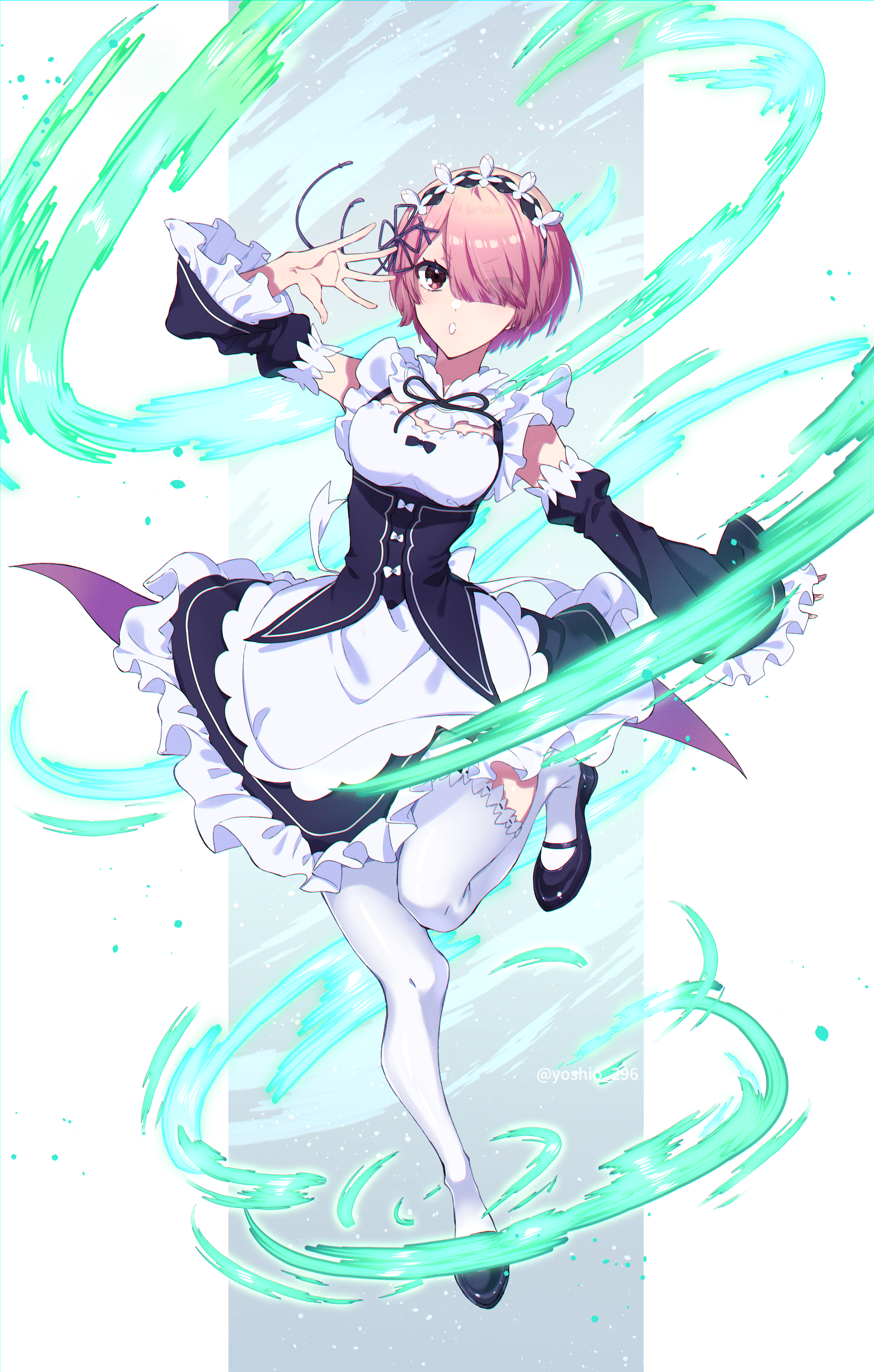 yoshio 296, ram (re:zero), re:zero kara hajimeru isekai seikatsu, absurdres, highres, 1girl, aerokinesis, apron, black dress, breasts, crossdressing, crossdressing (mtf), detached sleeves, dress, dress shoes, frilled apron, frilled dress, frilled sleeves, frills, hair ornament, hair over one eye, leg lift, leg up, leggings, looking at viewer, magic, maid, maid apron, maid headdress, male maid, medium breasts, open mouth, pink eyes, pink hair, ribbon, roswaal mansion maid uniform, short hair, waist apron, white apron, white background, white leggings, wind, x hair ornament