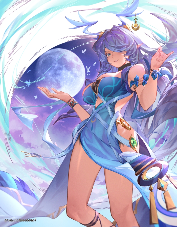 sunshineikezak1, lauma (genshin impact), genshin impact, 1girl, antlers, blue dress, blue eyes, breasts, dress, full moon, hair over one eye, horns, large breasts, long hair, looking at viewer, moon, parted lips, pointy ears, reindeer antlers, reindeer girl, sleeveless, sleeveless dress, smile, solo, very long hair, vision (genshin impact)