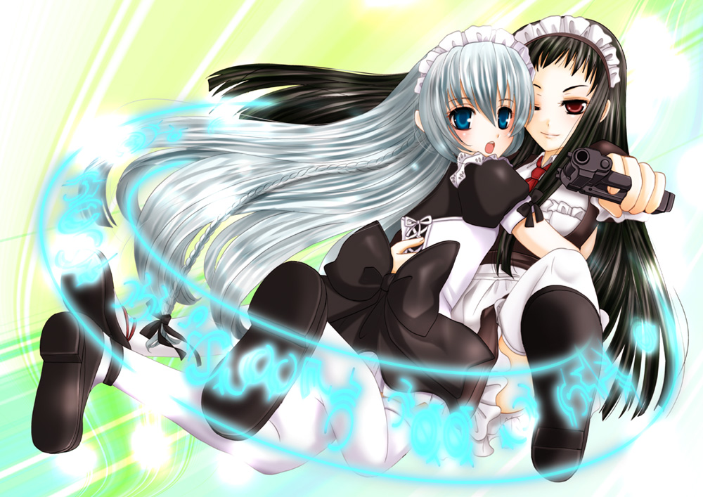 inumori sayaka, jakuri (ar tonelico), shurelia (ar tonelico), ar tonelico, ar tonelico i, ar tonelico ii, gust, silver hair, 00s, 2girls, apron, black hair, blue eyes, bow, gun, handgun, hug, long hair, maid, maid apron, maid headdress, multiple girls, one eye closed, red eyes, thighhighs, weapon, white thighhighs, wink, yuri