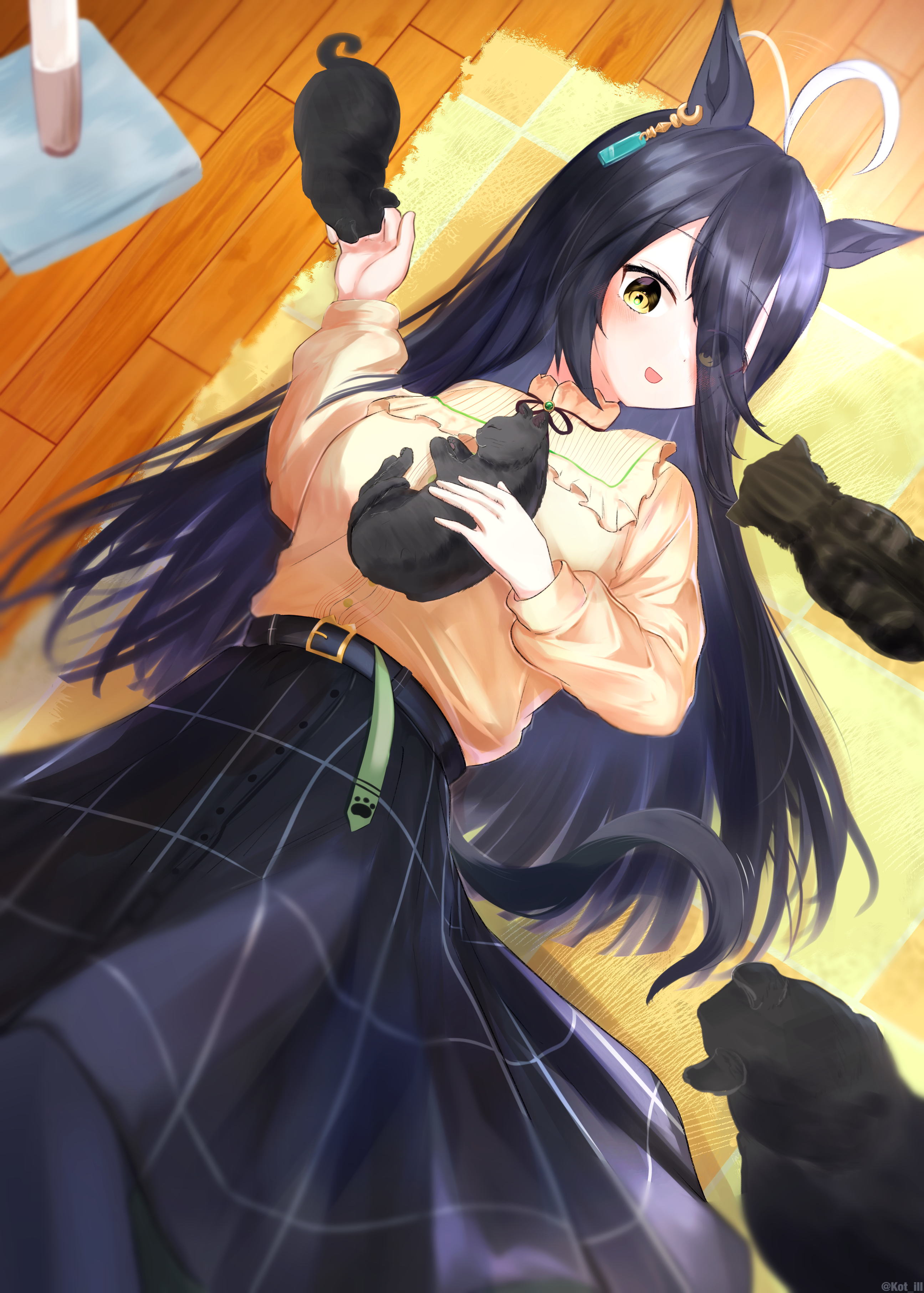 kei illu, manhattan cafe (umamusume), umamusume, absurdres, highres, ahoge, animal ears, black cat, black hair, black pantyhose, black ribbon, black skirt, cat, ear ornament, ear tag, earrings, eyes visible through hair, frilled shirt collar, frills, hair between eyes, horse ears, horse girl, horse tail, jewelry, long bangs, long hair, long hair between eyes, long sleeves, lying, multicolored hair, neck ribbon, on back, on floor, pantyhose, plaid clothes, plaid skirt, ribbon, shirt, shirt tucked in, single earring, skirt, tail, very long hair, white hair, wooden floor, yellow eyes, yellow shirt