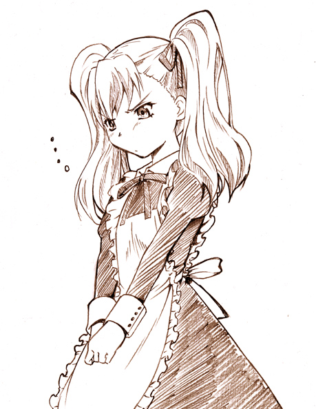 marumi, aisaka taiga, toradora!, traditional media, 00s, 1girl, alternate costume, alternate hairstyle, apron, blush, brown theme, enmaided, female focus, hair ribbon, maid, maid apron, monochrome, pout, ribbon, sketch, solo, twintails