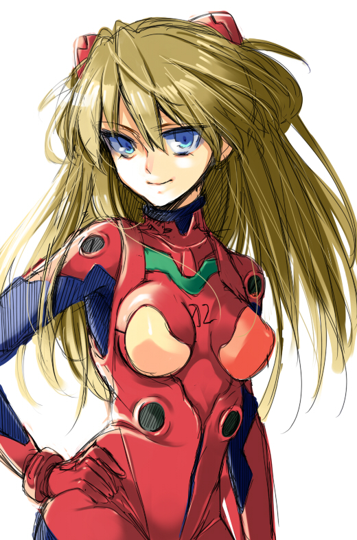 hizuki akira, souryuu asuka langley, neon genesis evangelion, light brown hair, bad id, bad pixiv id, 1girl, arm at side, armpits, blue eyes, bodysuit, bracer, breasts, breasts apart, brown hair, closed mouth, colored eyelashes, cowboy shot, female focus, from side, gloves, hair between eyes, hand on own hip, headgear, impossible bodysuit, impossible clothes, light smile, long hair, looking at viewer, mecha pilot suit, medium breasts, plugsuit (evangelion), simple background, sketch, skin tight, smile, solo, standing, turtleneck, white background