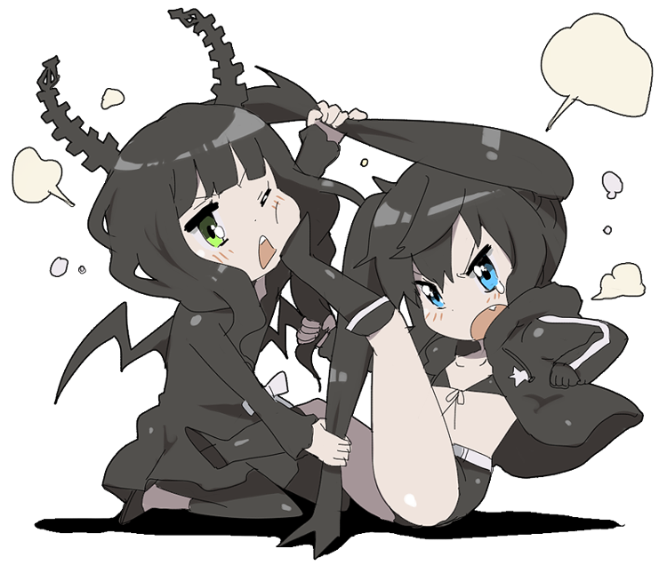kl (dgzonbi), black rock shooter (character), dead master, black rock shooter, 10s, 2girls, angry, bikini, bikini top only, black dress, black hair, black leggings, blue eyes, blush, boots, chibi, dress, fang, fighting, grabbing another's hair, green eyes, holding another's hair, hood, hoodie, horns, leggings, long hair, multiple girls, swimsuit, tears, transparent background, twintails