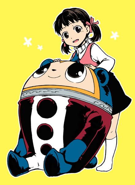 isshoku, isshoku (shiki), doujima nanako, kuma (persona 4), atlus, persona, persona 4, bad id, bad pixiv id, bear, brown eyes, brown hair, child, dress, hair ribbon, ribbon, short hair, smile, turtleneck, twintails